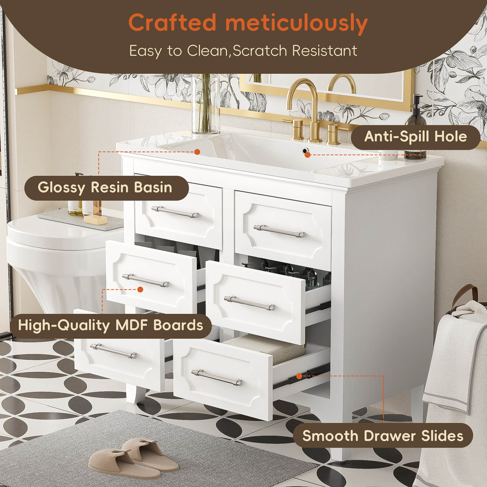 36" Symmetrical Design Minimalist Bathroom Vanity