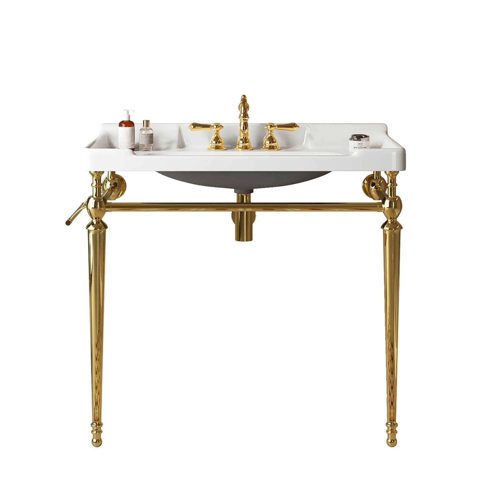 36 inch white ceramic console sink with gold legs