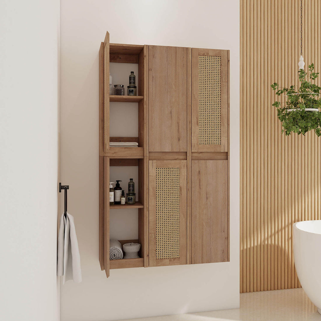 36-inch White Oak Bathroom Wall Cabinet with Six Doors and Shelves