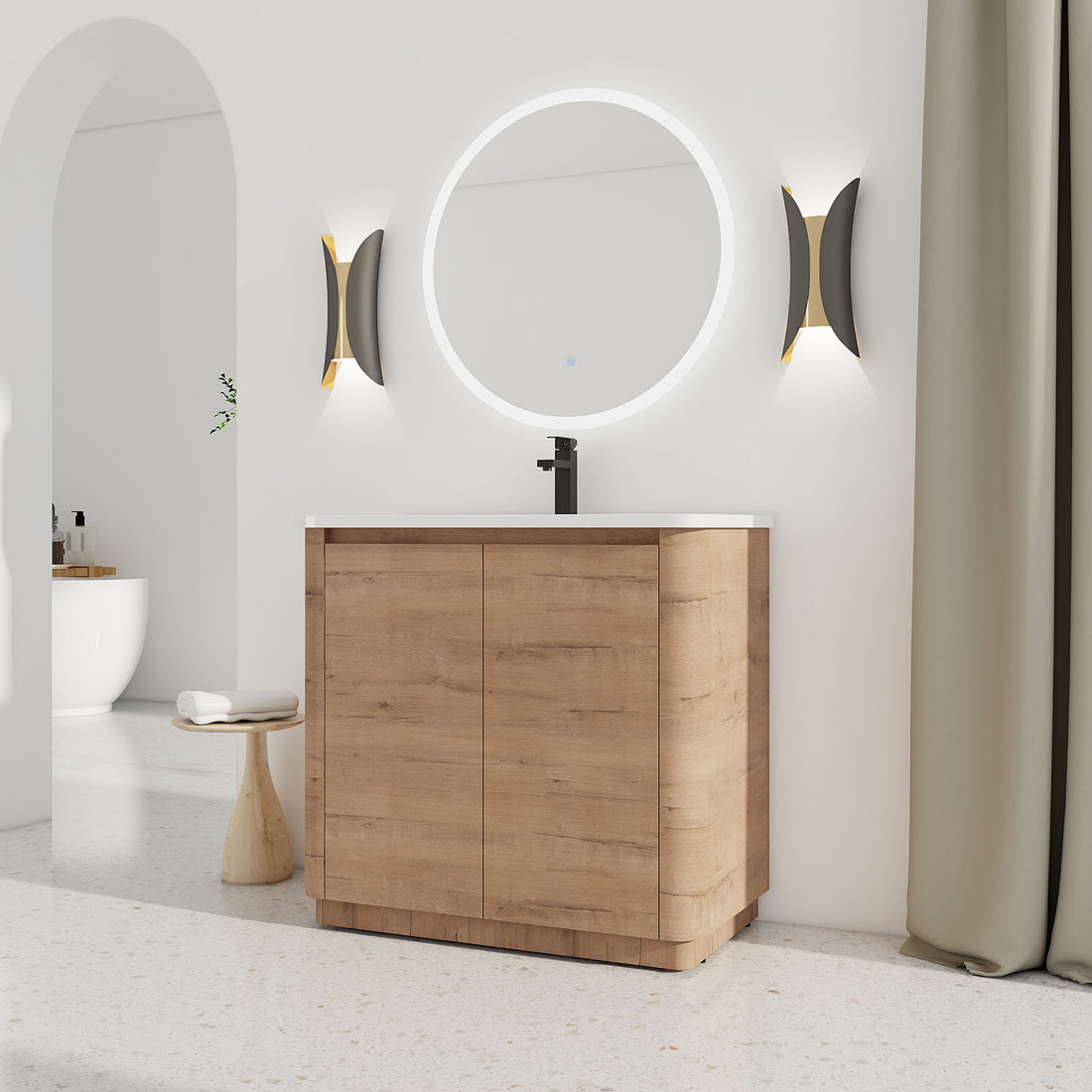 36-inch White Oak Freestanding Bathroom Vanity with White Ceramic Sink