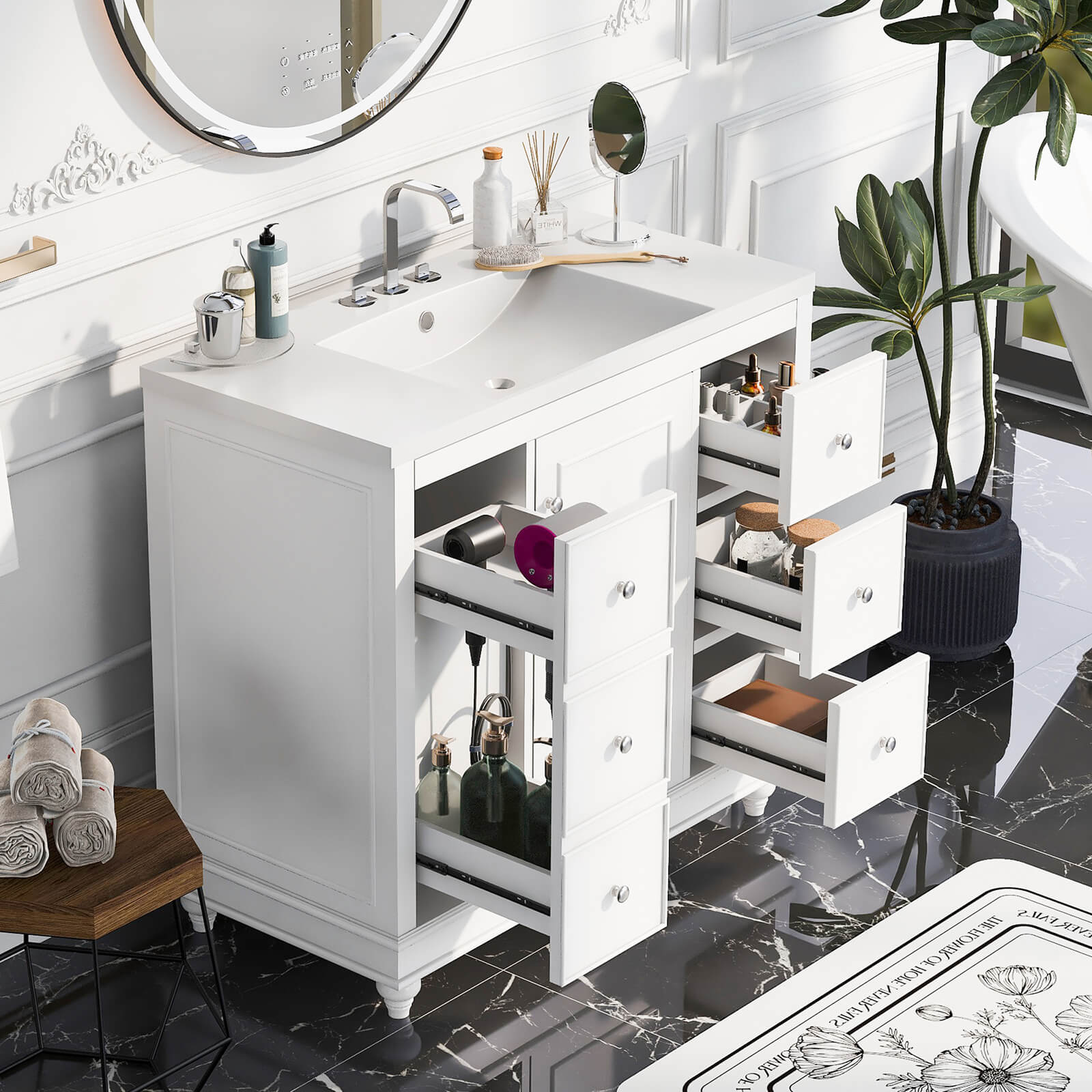 36-inch bathroom vanity with built-in storage for small appliances and toiletries