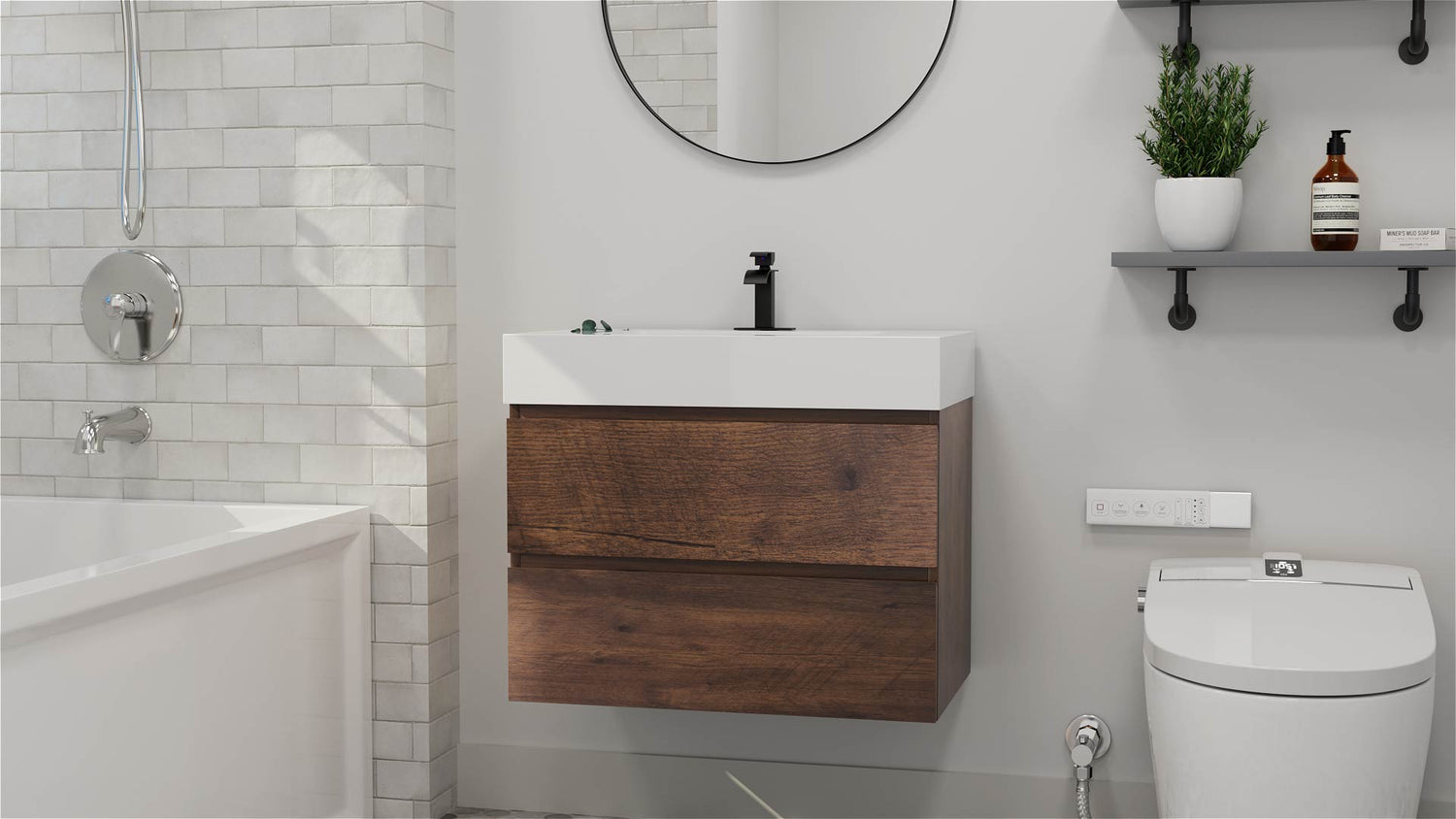 36-inch walnut vanity with white single sink perfectly blends into the bathroom scene
