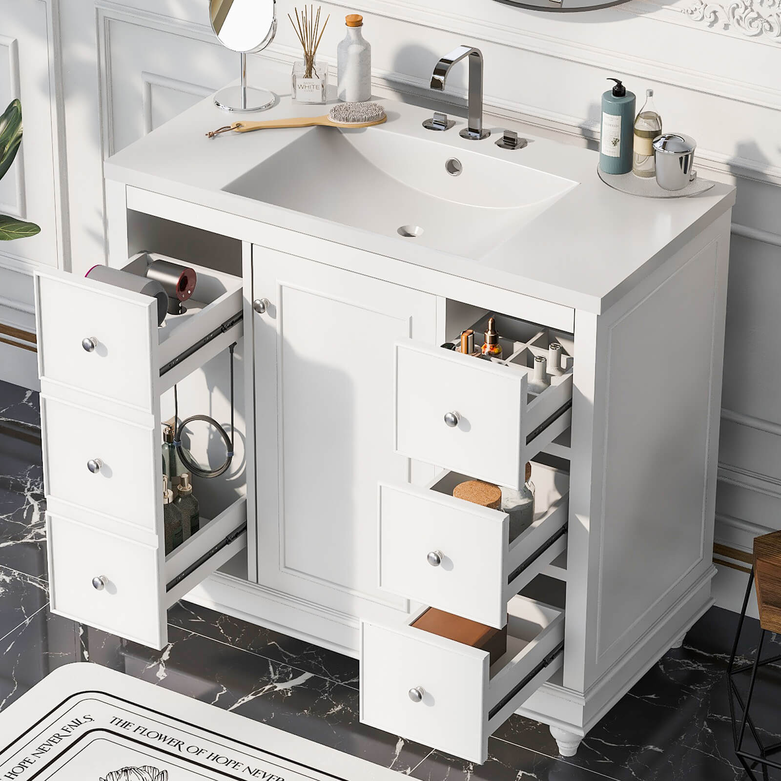 36-inch white bathroom vanity with built-in hair dryer storage in top drawer