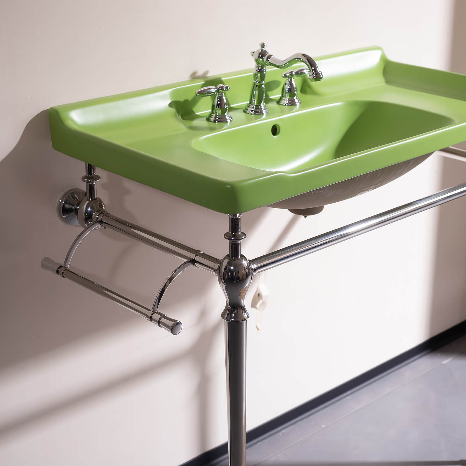 36 vintage green ceramic vanity sink with splash proof rim and detachable towel bar in