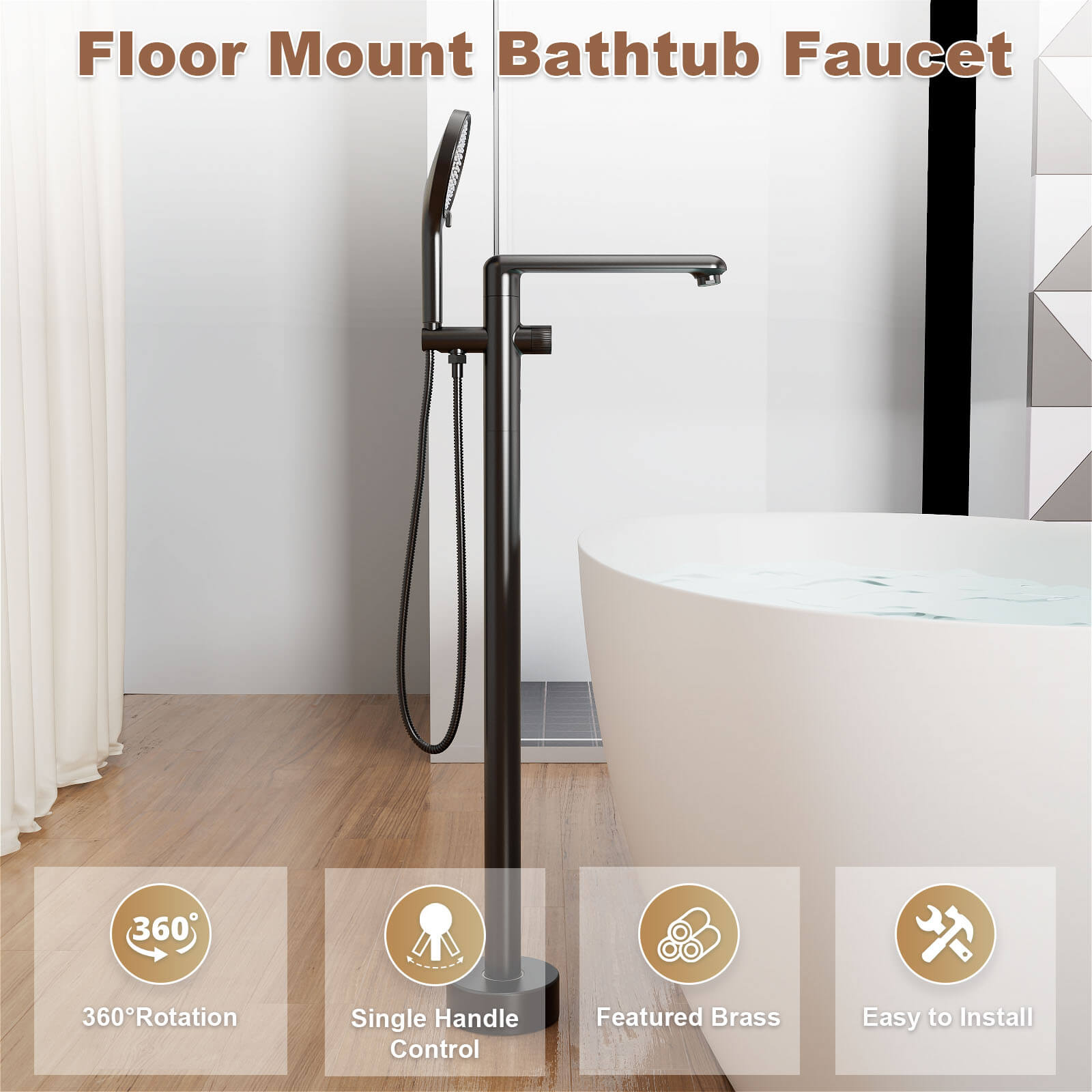 360° Rotatable Floor Mount Tub Filler Freestanding Bathtub Faucet with 3-Spray Handheld