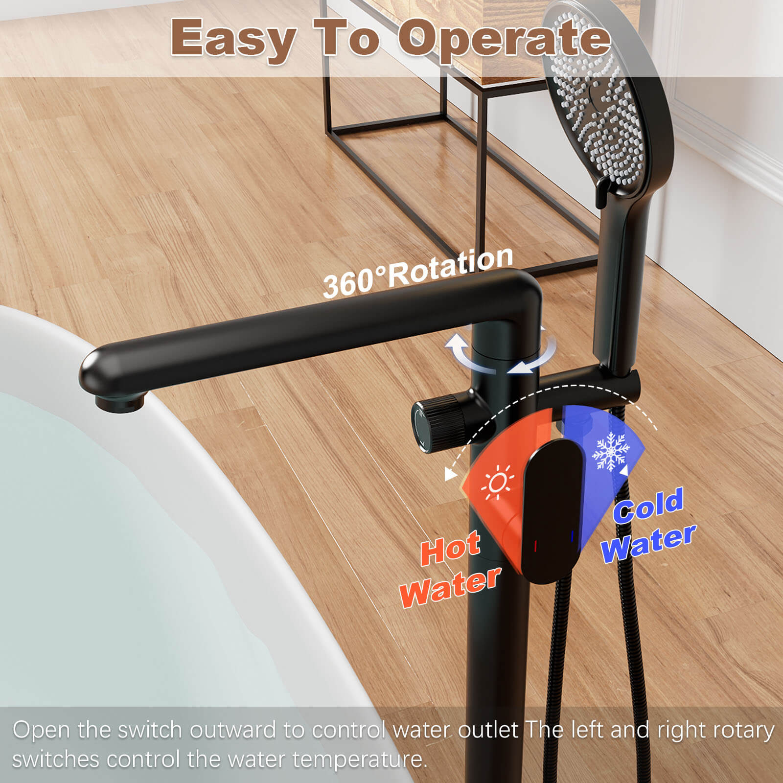 360° Rotatable Floor Mount Tub Filler Freestanding Bathtub Faucet with 3-Spray Handheld