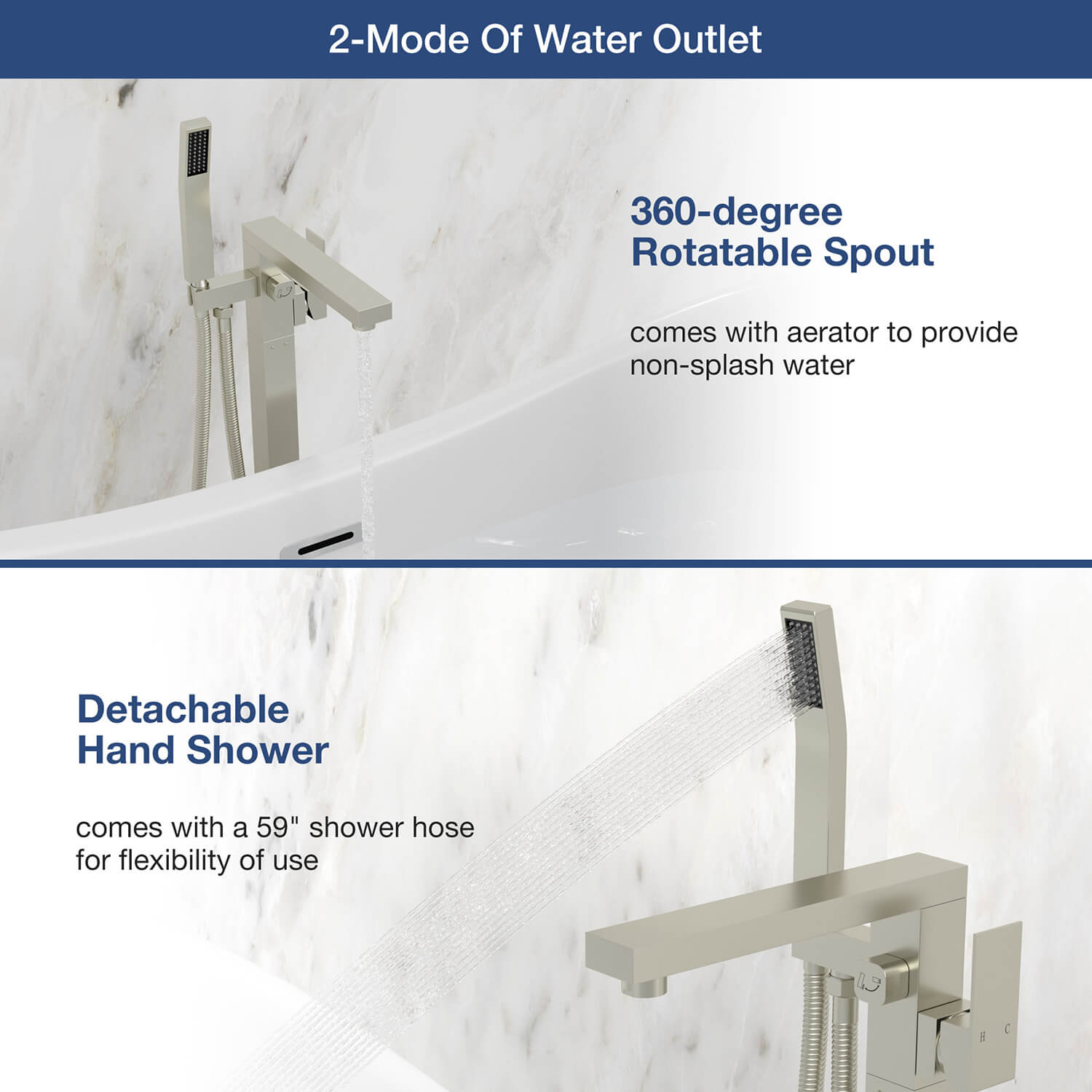 360° Rotation Freestanding Tub Filler Faucet with Hand Shower, Brushed Nickel & Brushed Gold