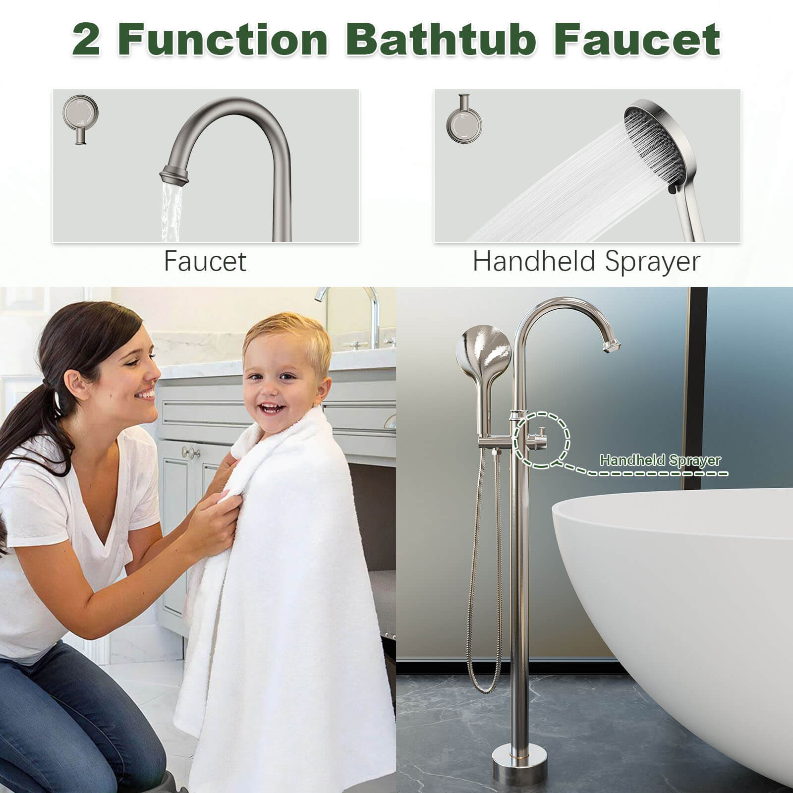 Freestanding Tub Filler High Arc 360° Swivel Bathtub Faucet with 3 Function Handheld