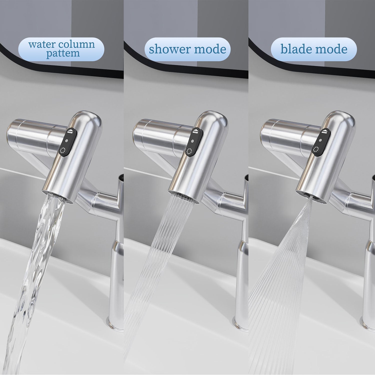 360 degree Rotary Chrome Bathroom Sink Faucet with Spray Function-three water flow modes