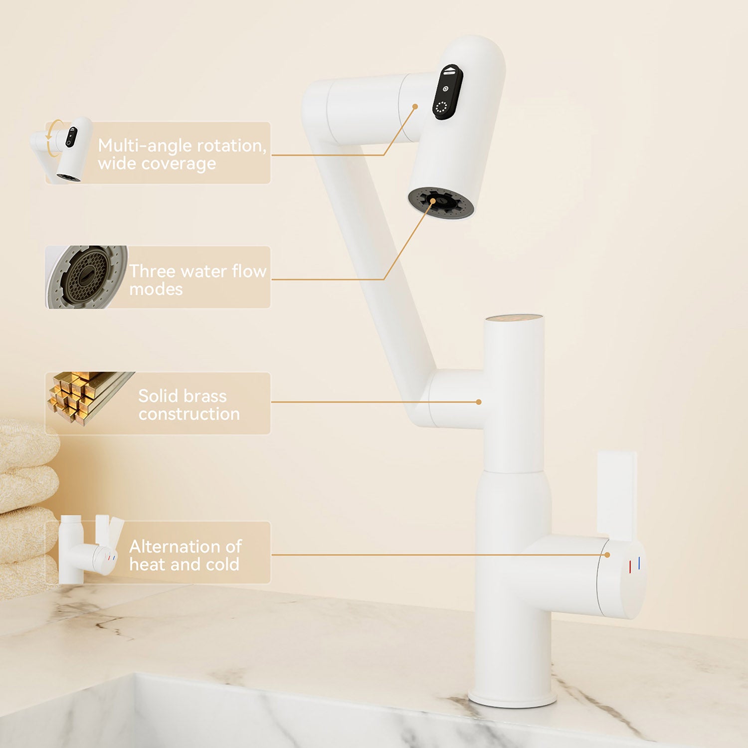 360 degree Rotary White Bathroom Sink Faucet with Spray Function and Temperature Display, Anti-Slip Switch-details display