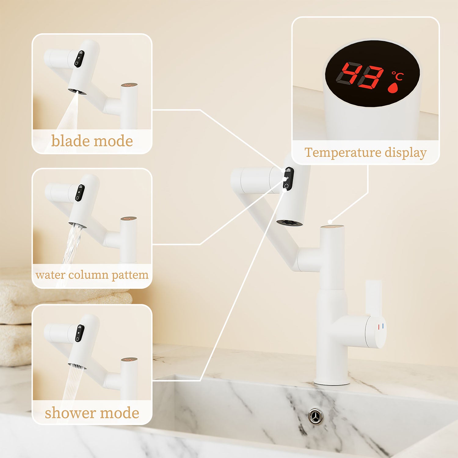 360 degree Rotary White Bathroom Sink Faucet with Temperature Display and three water flow modes
