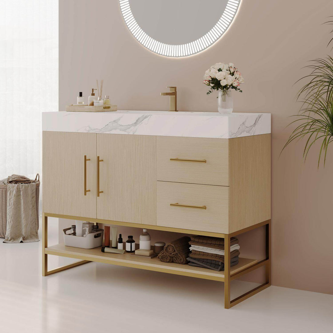 36 Inch Freestanding Modern Bathroom Vanity Cabinet Ceramic Sink Gold Base Side Perspective View