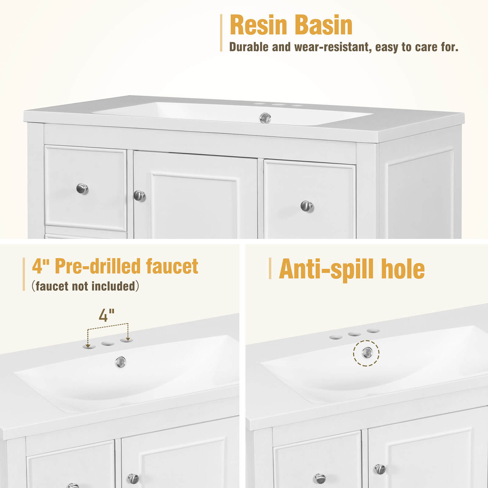 36 Inch White Bathroom Vanity Sink Material Diagram with Hair Dryer Storage Rack