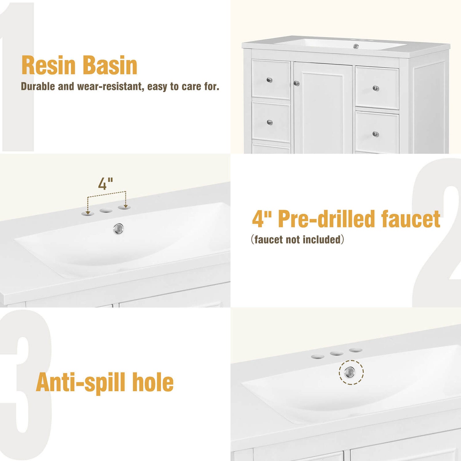 36 Inch White Bathroom Vanity Top Sink Mount with Hair Dryer Organizer