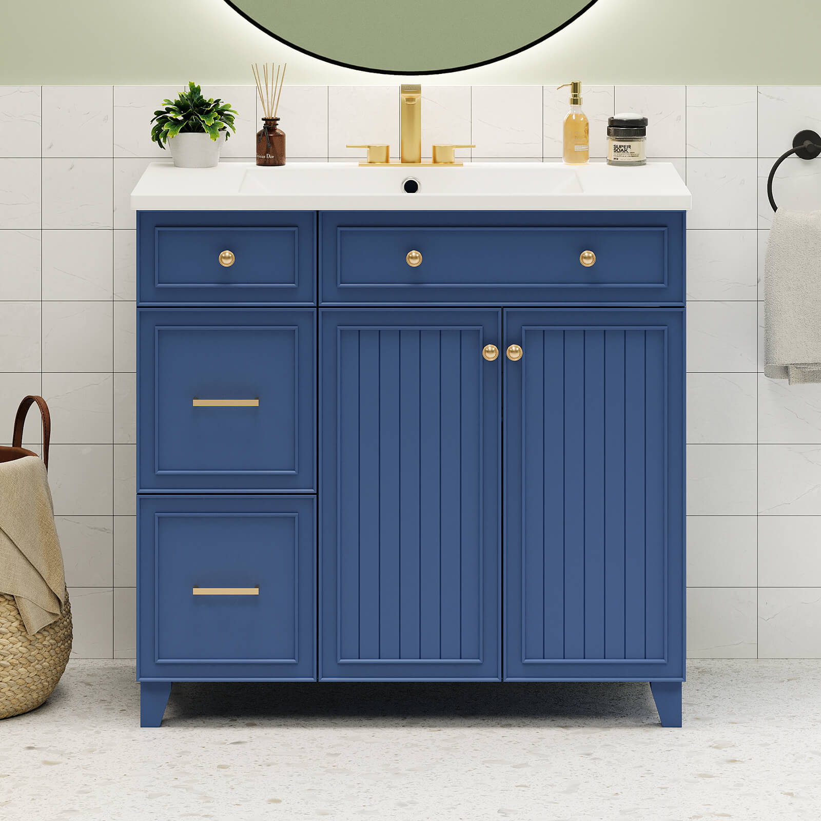 36 inch Navy Blue Bathroom Vanity with Adjustable Shelves