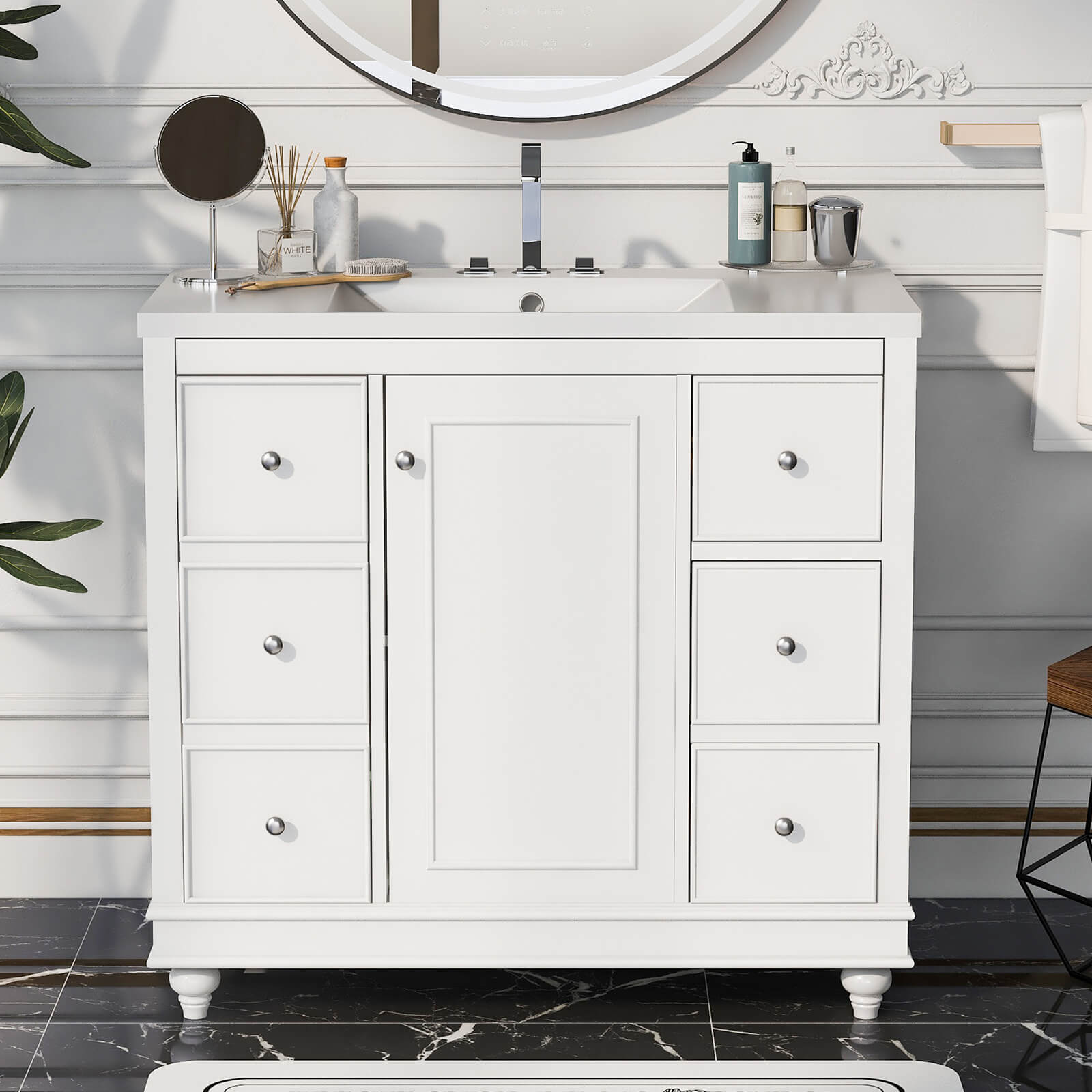 36 inch White Bathroom Vanity with Hair Dryer Storage