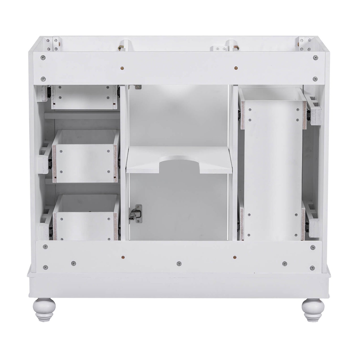 36 inch White Bathroom Vanity with Hair Dryer Storage Back Image Cabinet Only