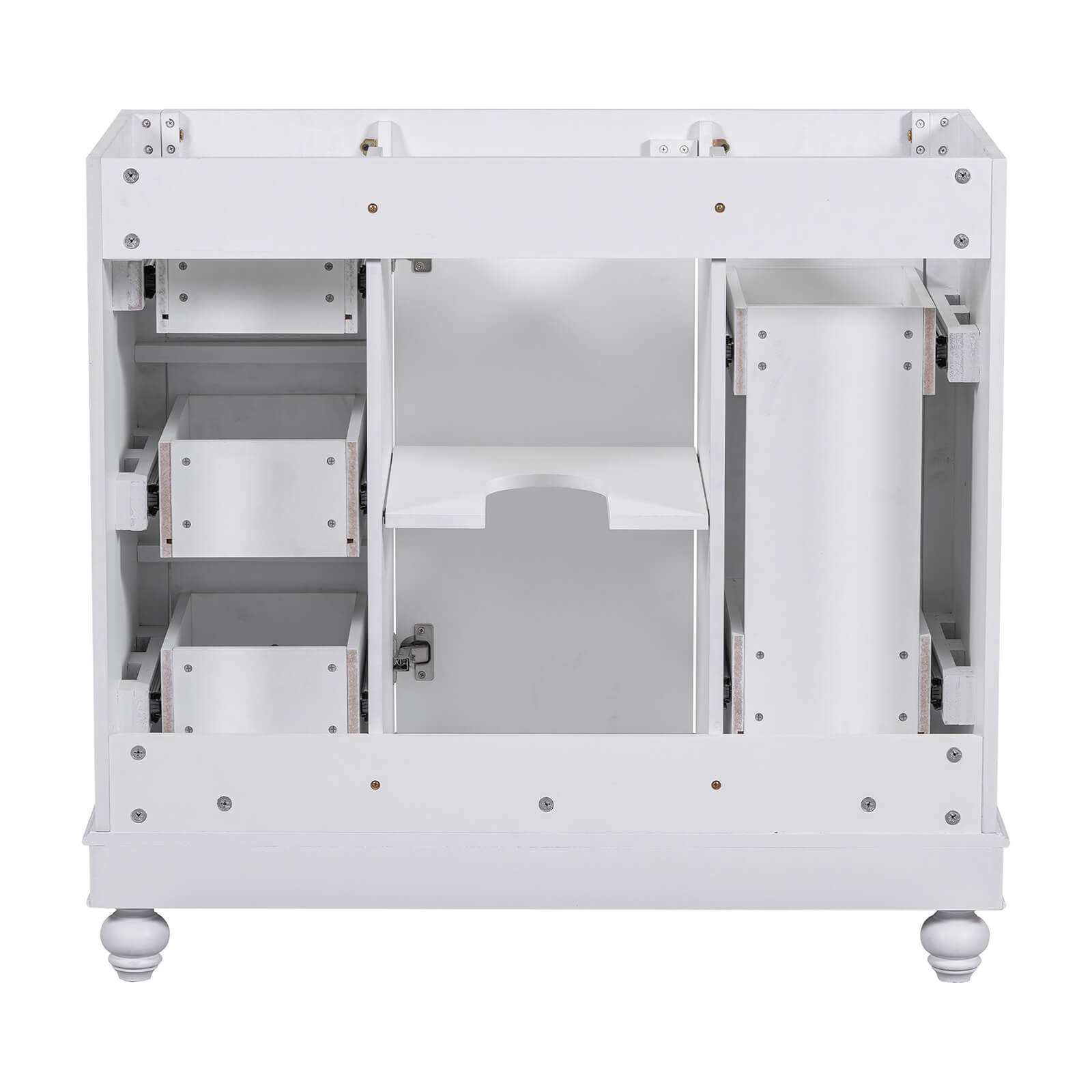 36 inch White Bathroom Vanity with Hair Dryer Storage Back Image Cabinet Only