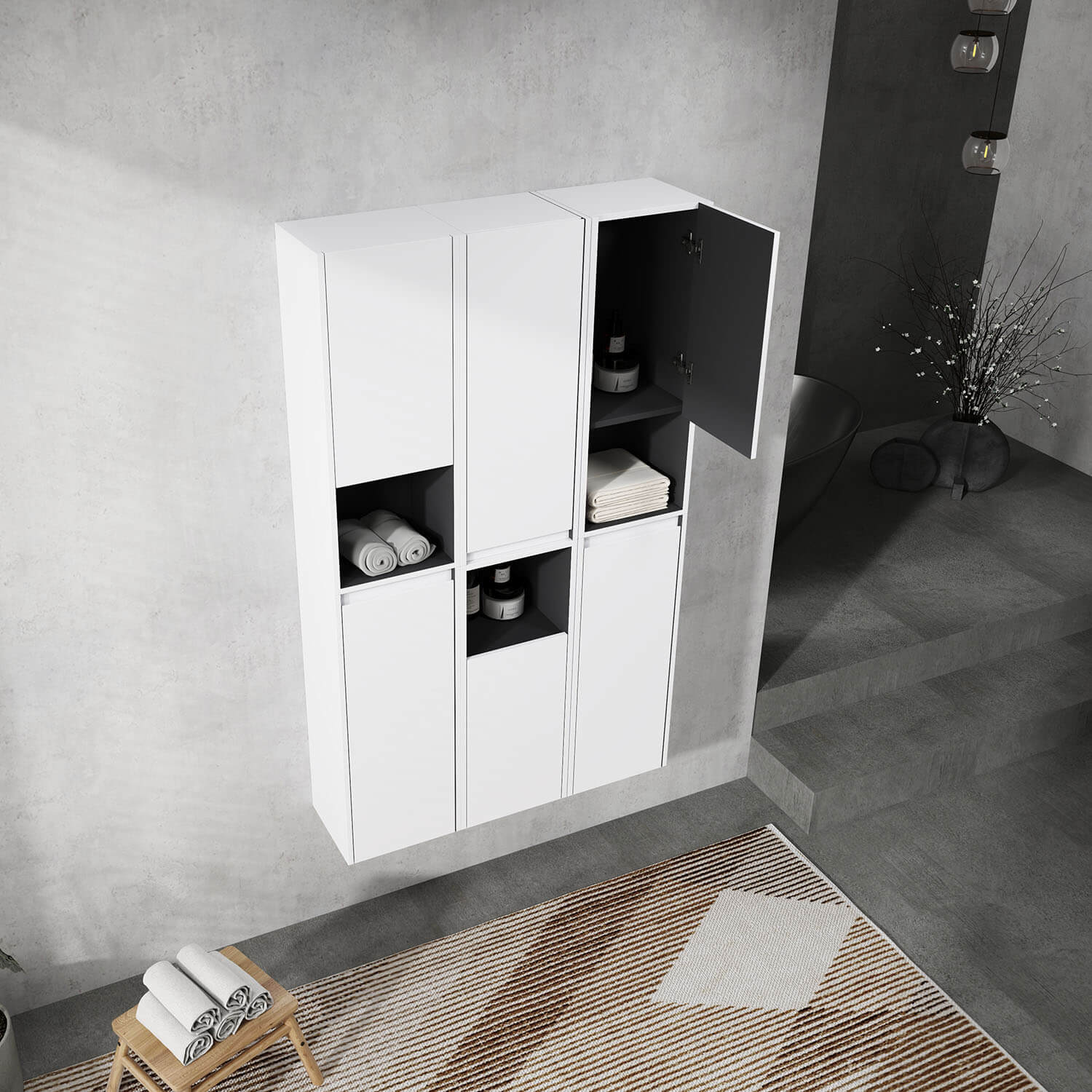 36 inch White Bathroom Wall Cabinet -Six Doors and Three Open Shelves