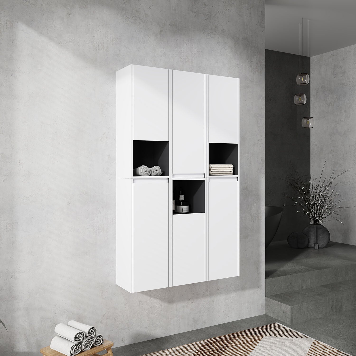 36 inch White Bathroom Wall Cabinet with Six Doors and Three Open-Shelves