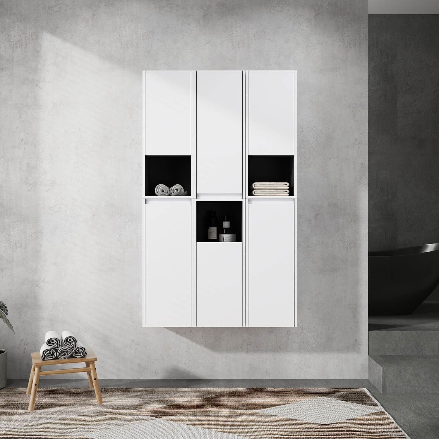 36 inch White Bathroom Wall Cabinet with Six Doors and Three Open Shelves