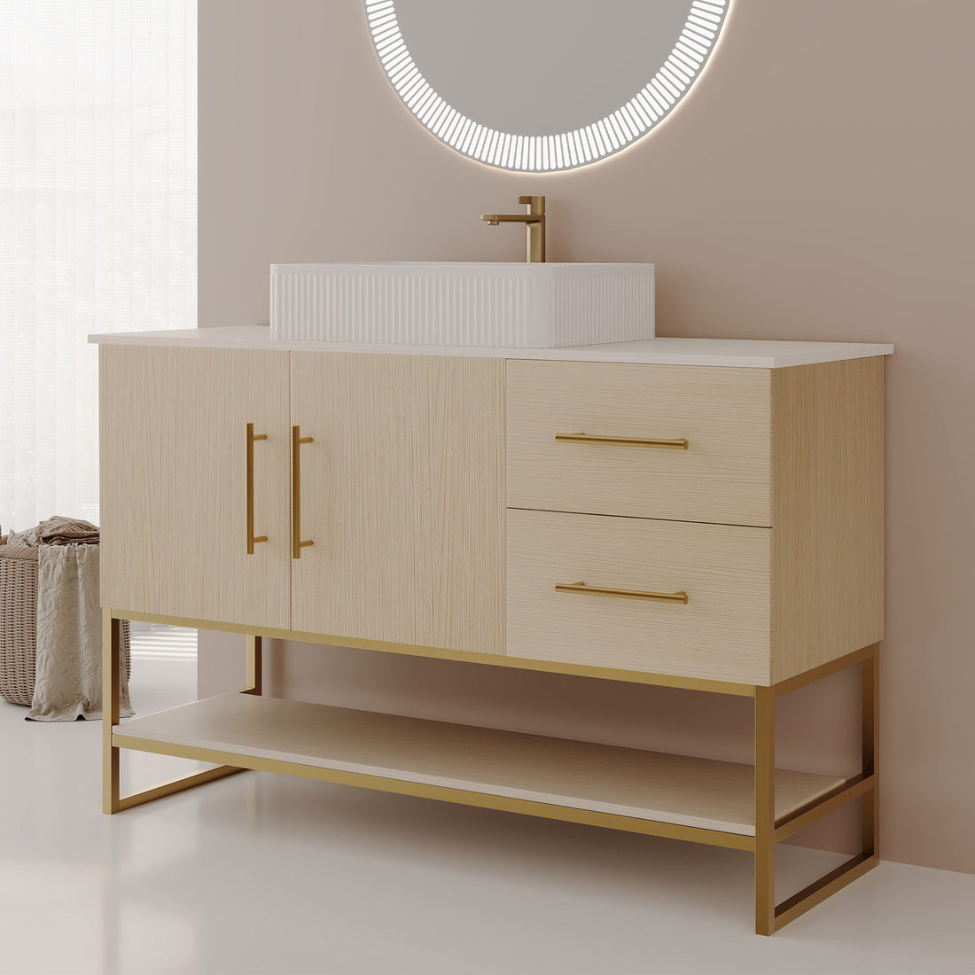 36 inch White Oak Bathroom Storage Vanity Gold Metal Legs Angled View