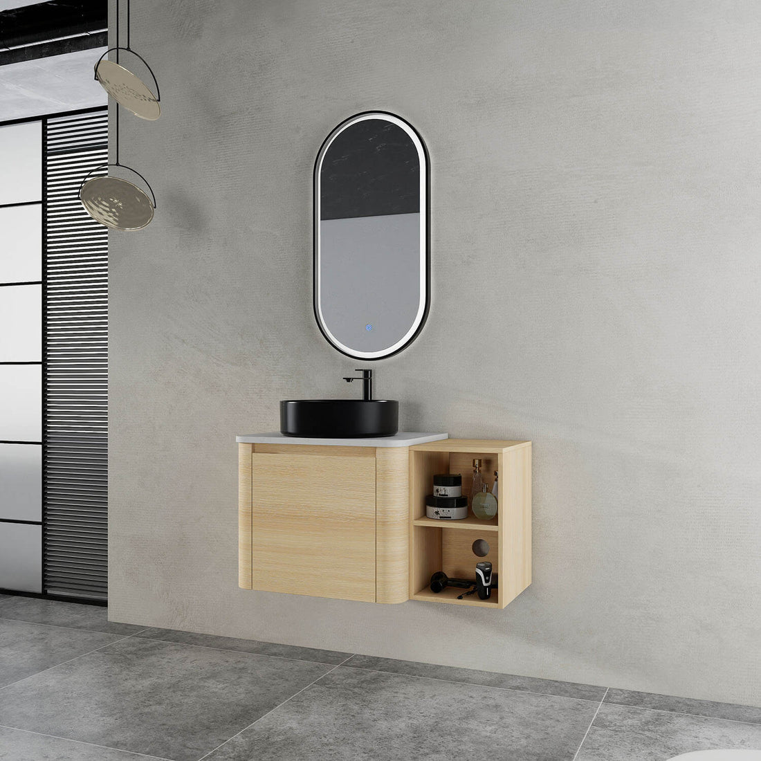 36 inch White Oak Bathroom Vanity-Black Ceramic Vessel Sink and Open Shelves