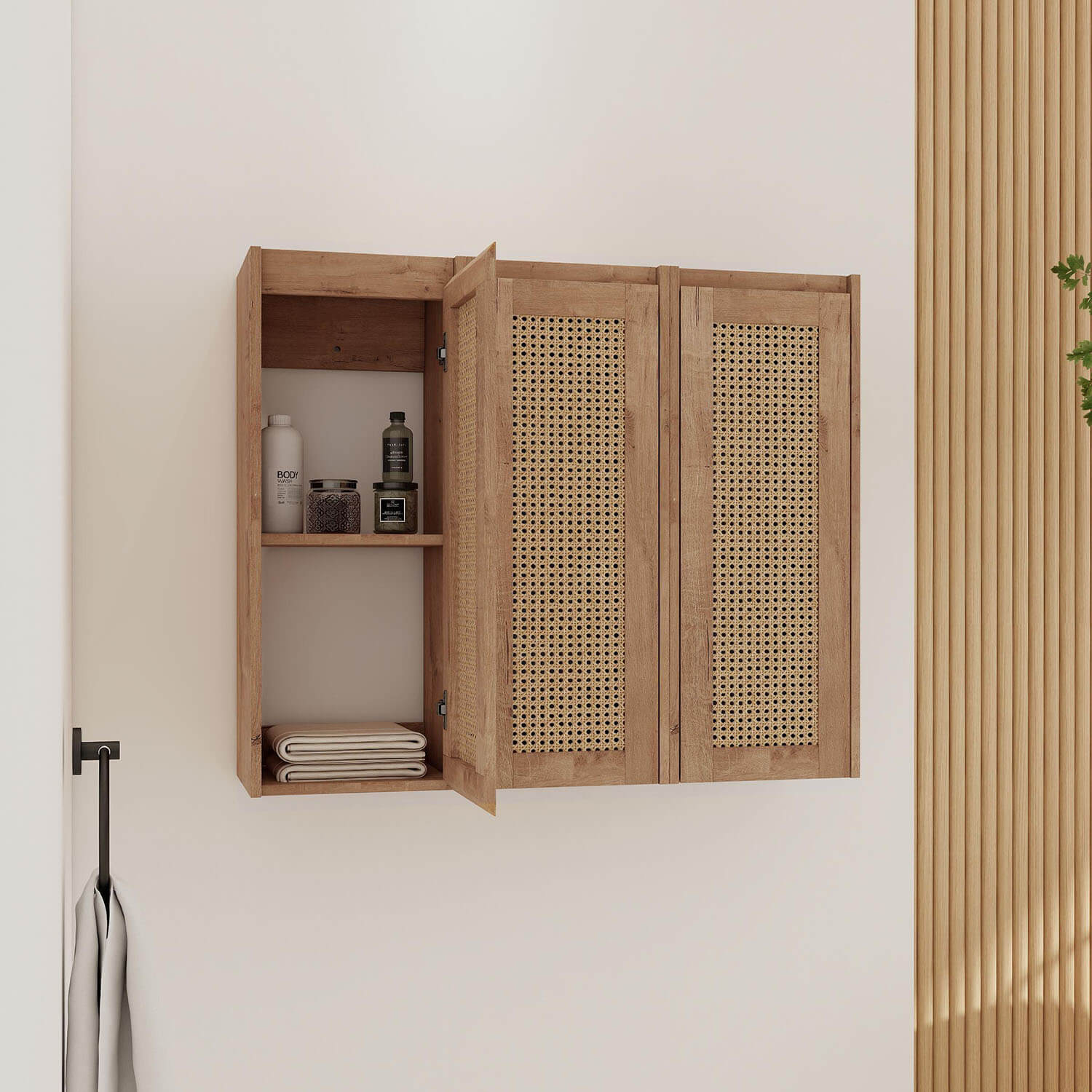 36 inch White Oak Bathroom Wall Cabinet-Rattan Door and Shelves