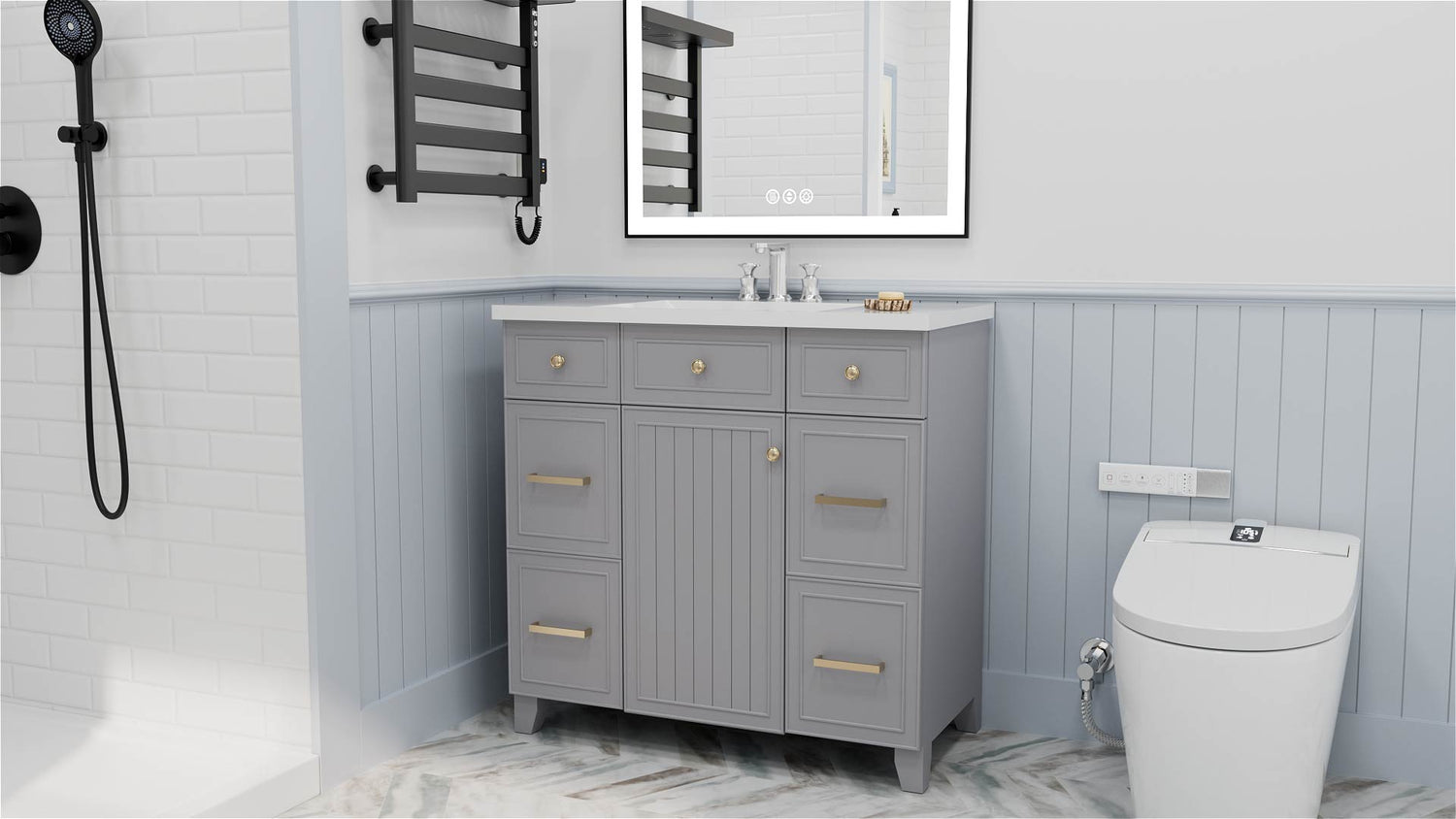 36 inch grey bathroom vanity in bathroom