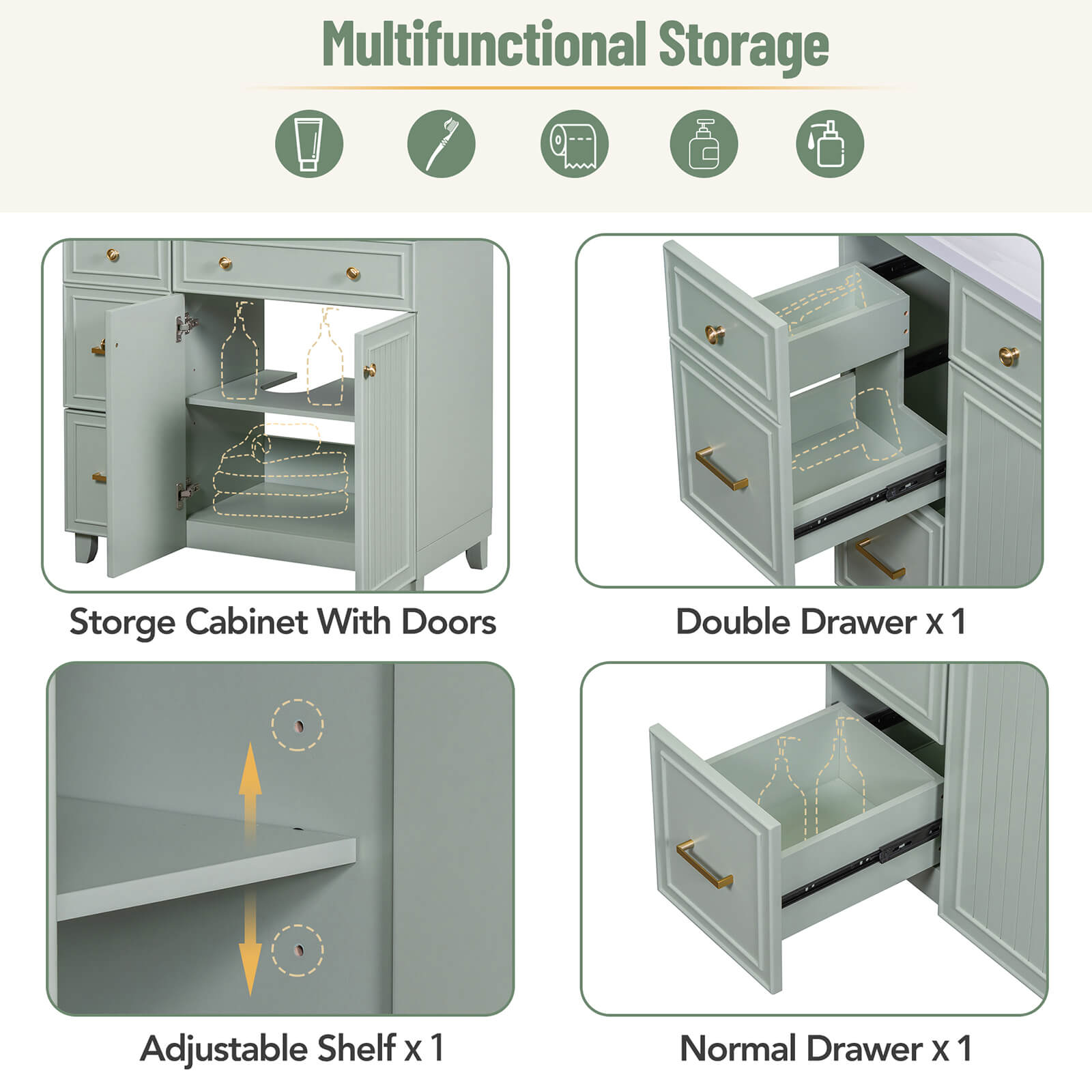 36 inch light grey green bathroom vanity cabinet storage diagram with adjustable shelves