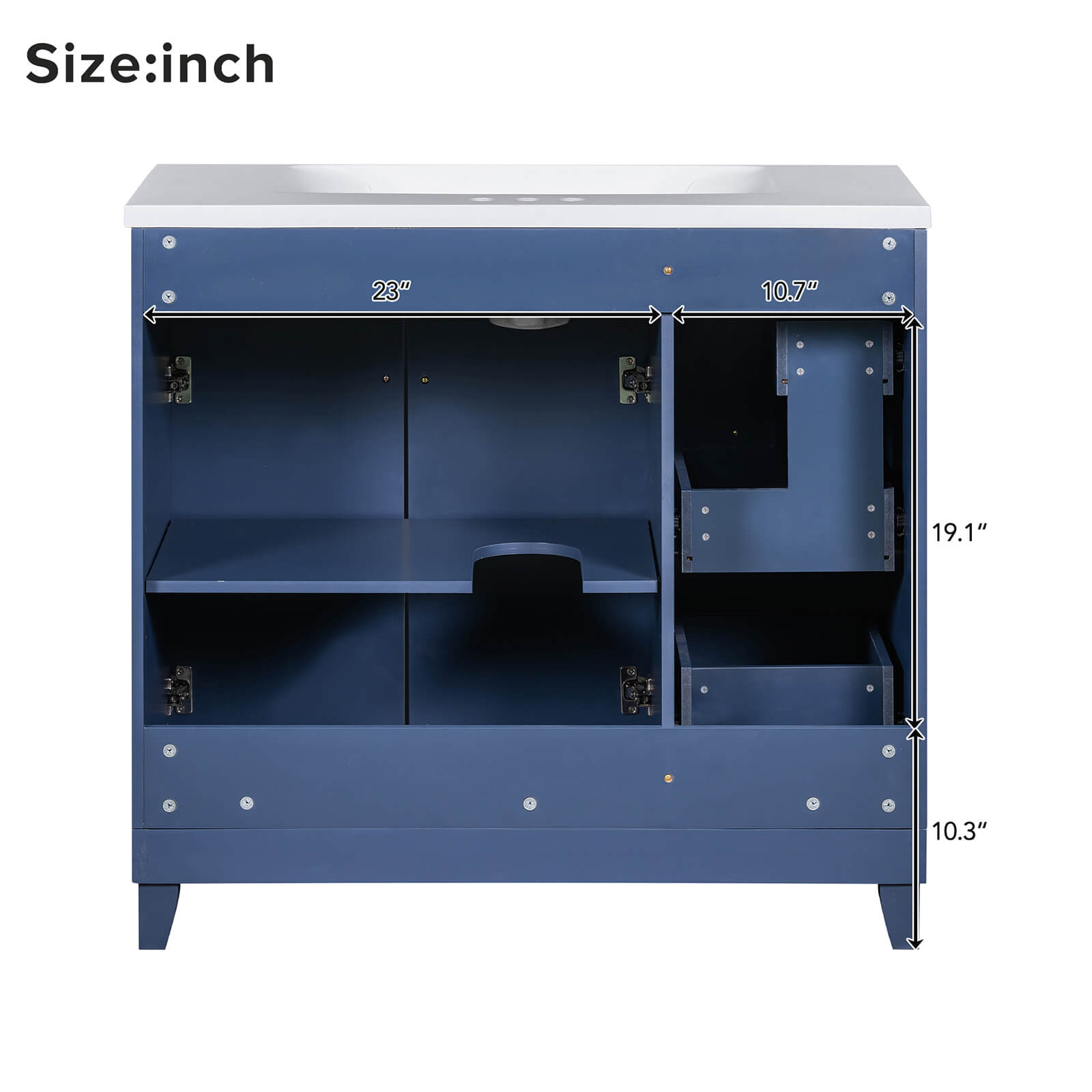 36 inch navy blue bathroom vanity with adjustable shelves back dimensions specs chart