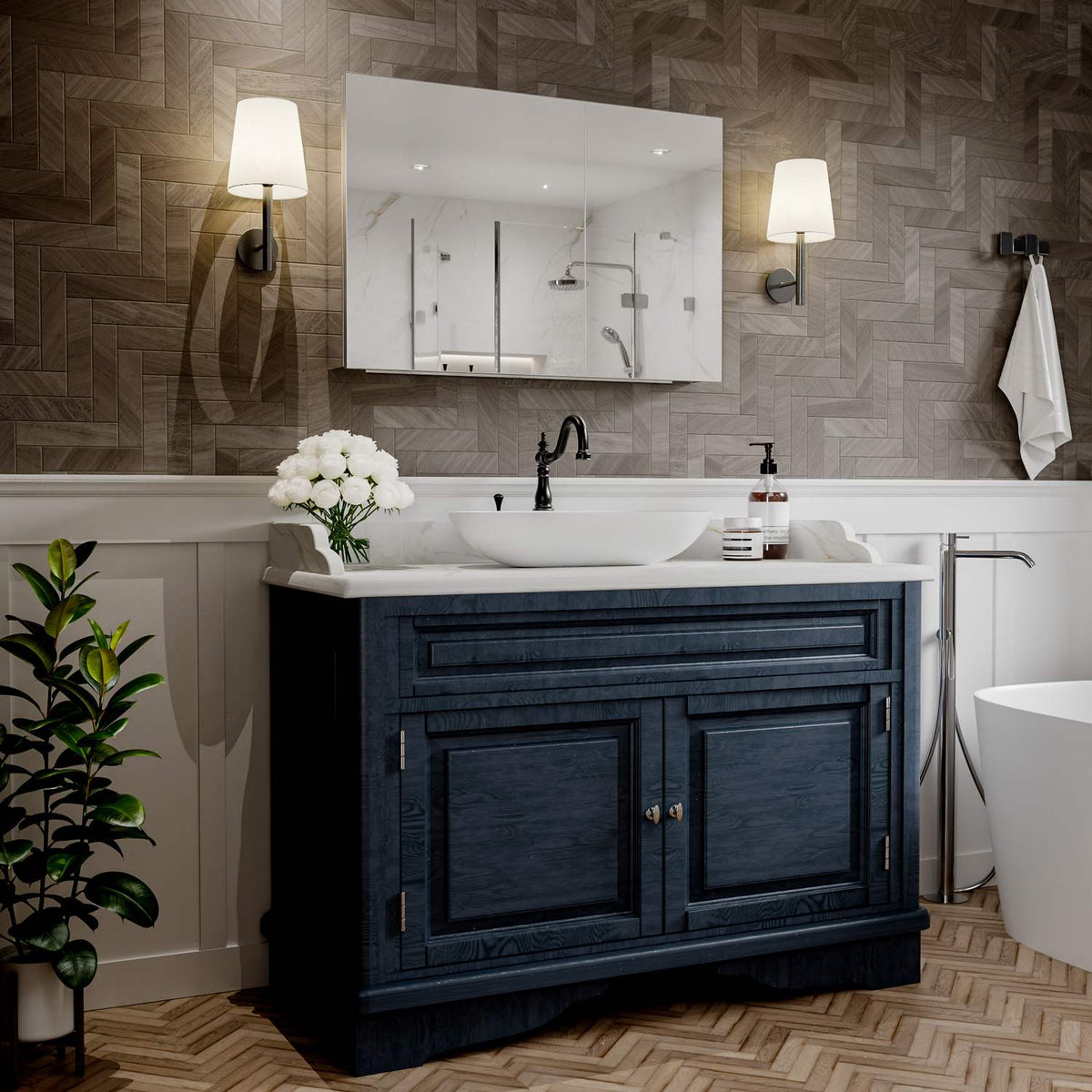36 x 24-inch mirrored medicine cabinet above a blue bathroom vanity.