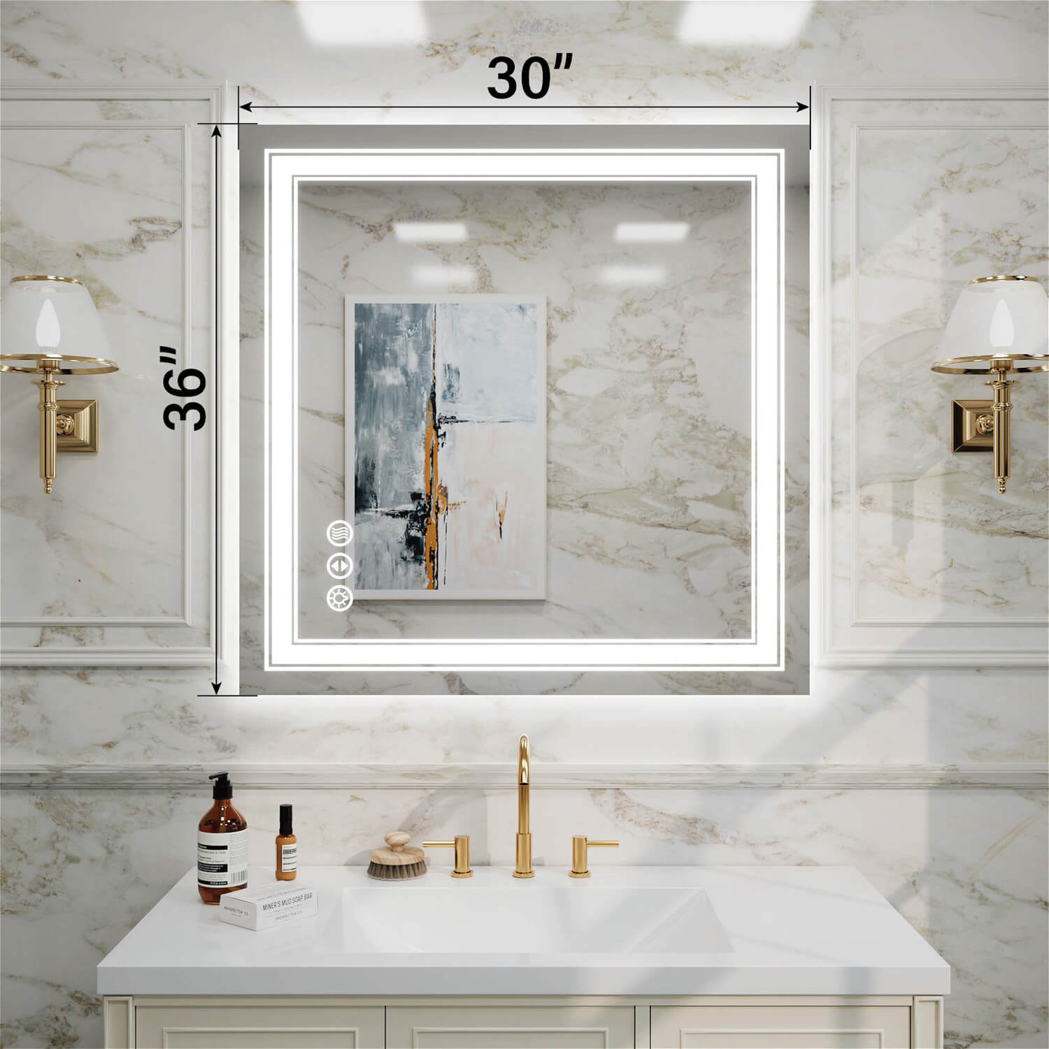 36x30 inch frameless square LED bathroom mirror with double light strip and dimension markings