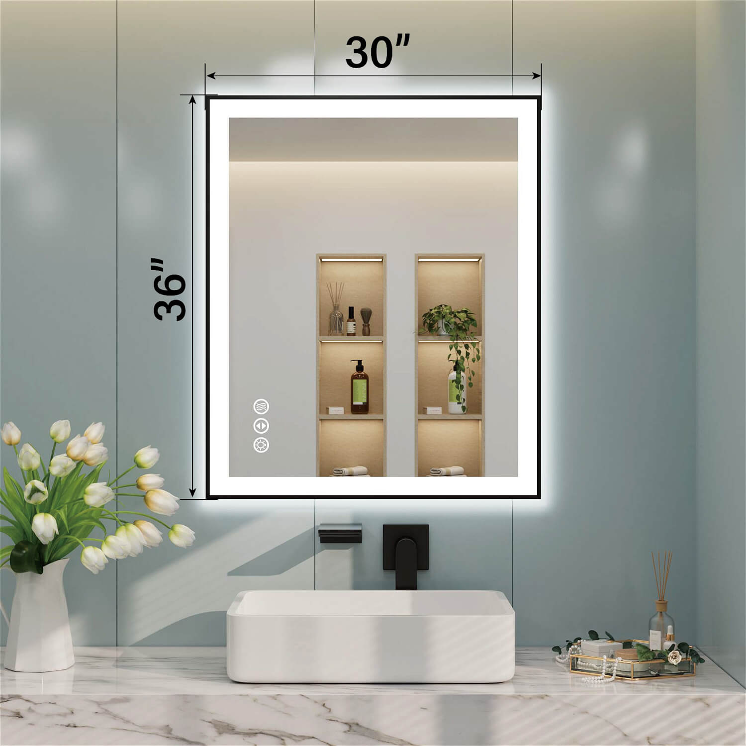 36x30 inch square LED bathroom mirror with dimension markings