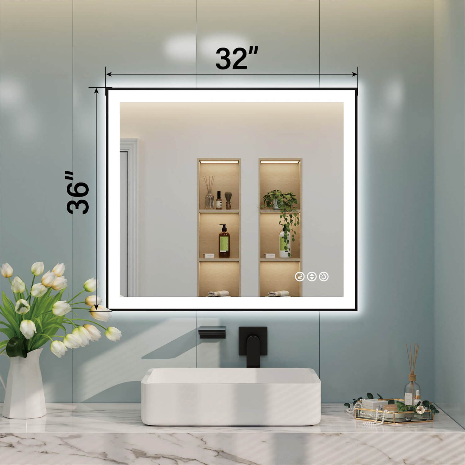 36x32 inch LED bathroom mirror with dimension markings and right-side touch controls