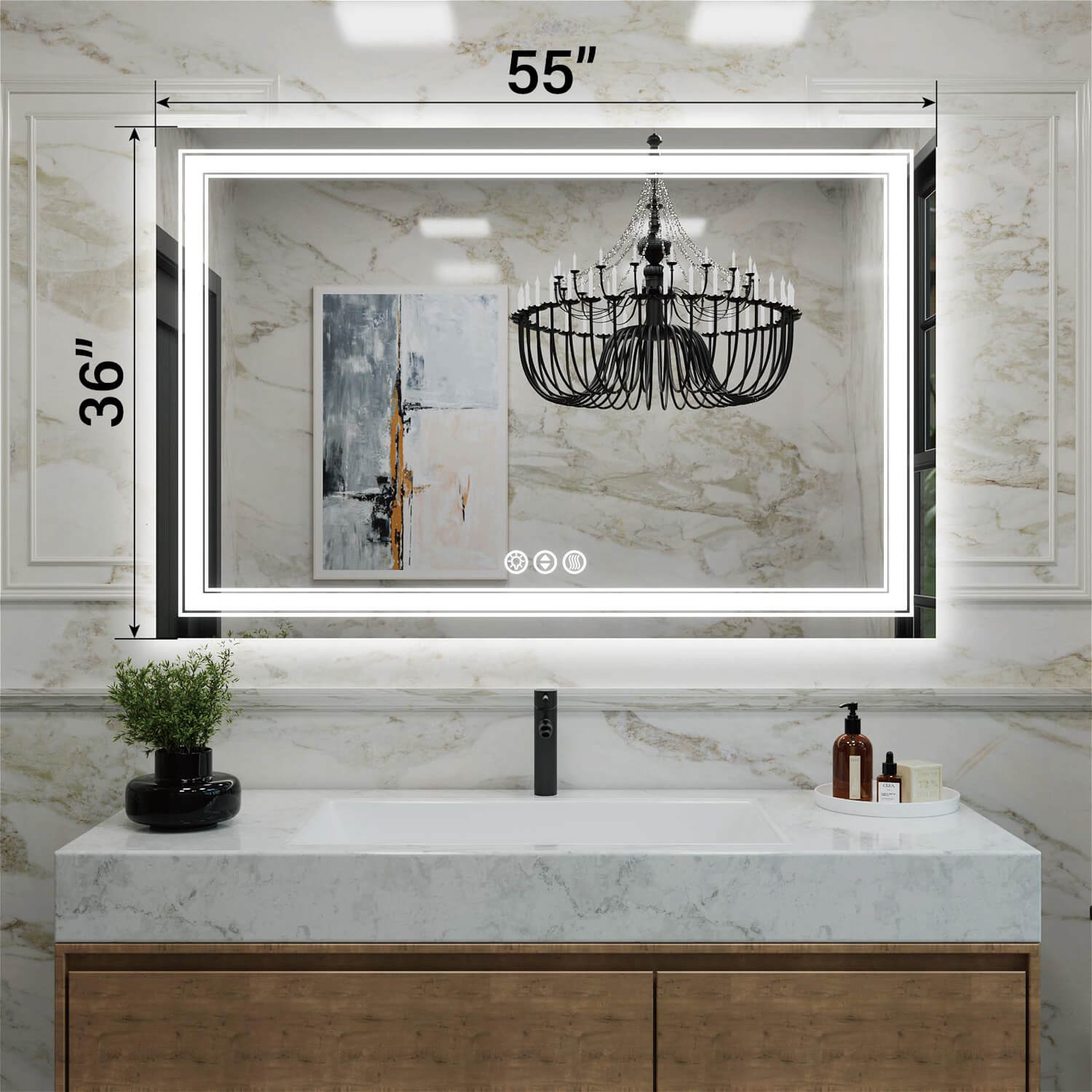 36x55 inch large frameless LED bathroom mirror with dual LED strips and dimension markings