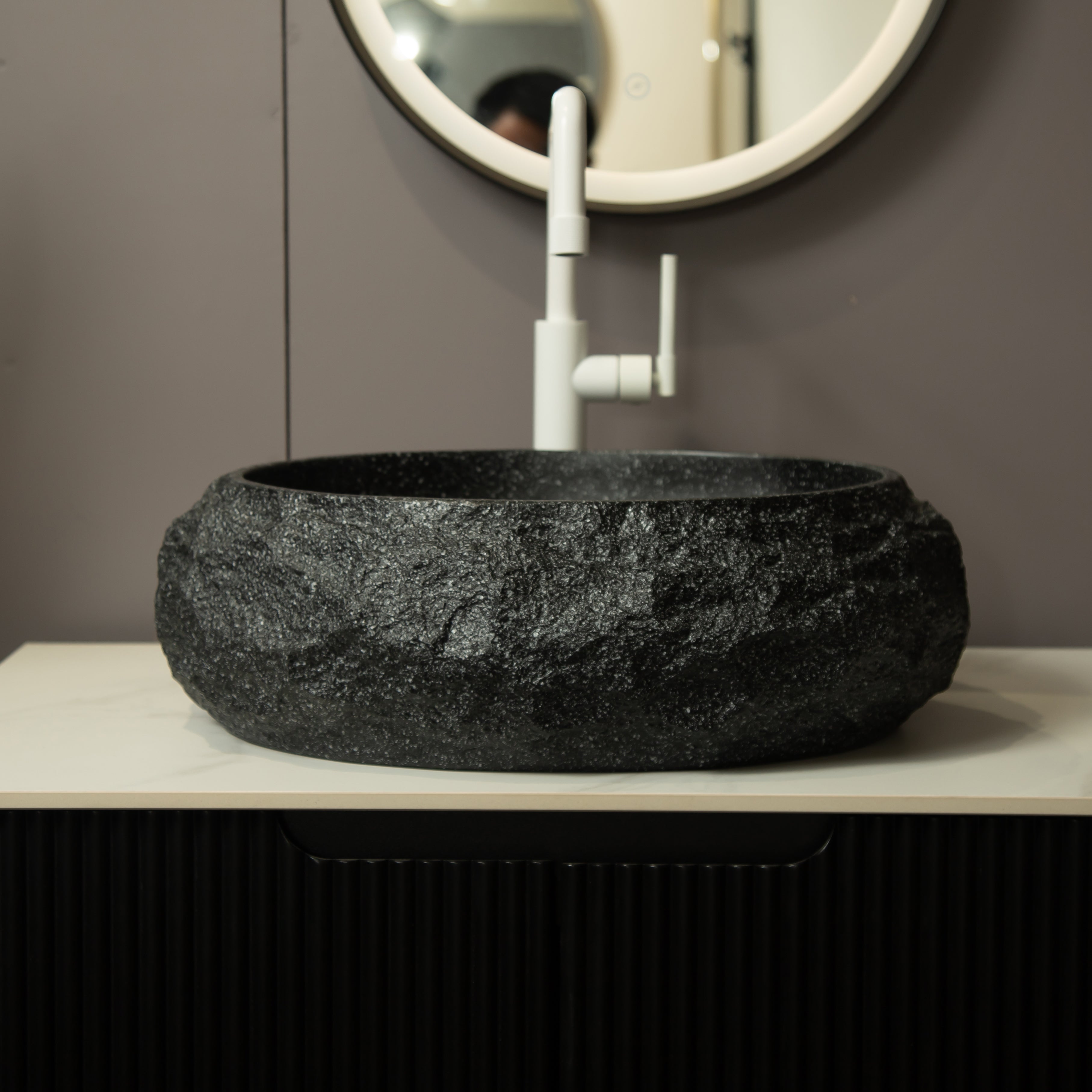 Dark Gray Stone Pattern Resin Vessel Bathroom Sink above-counter oval basin rock-like exterior dark gray stone pattern
