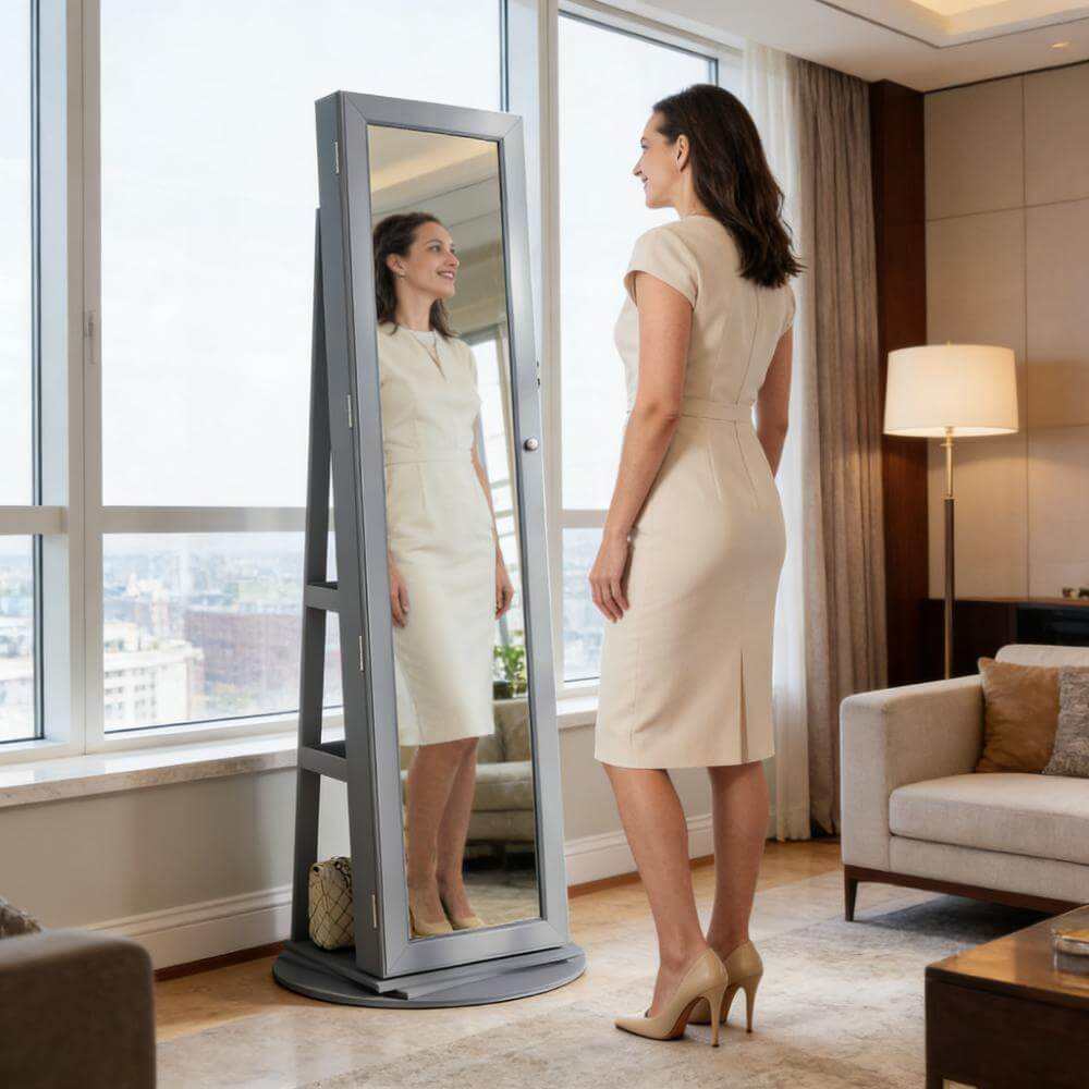 Lockable 360° Gray Swivel Full-Length Jewelry Cabinet Mirror with Storage Shelves