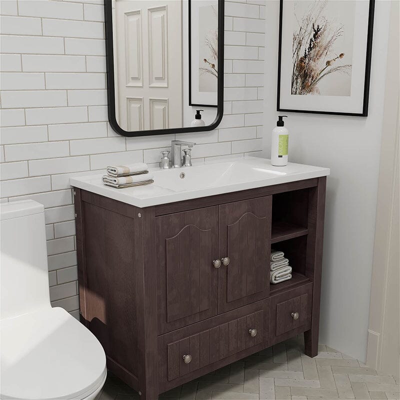 36" Brown Bathroom Vanity with Ceramic Basin, Bathroom Storage Cabinet with Two Doors and Drawers
