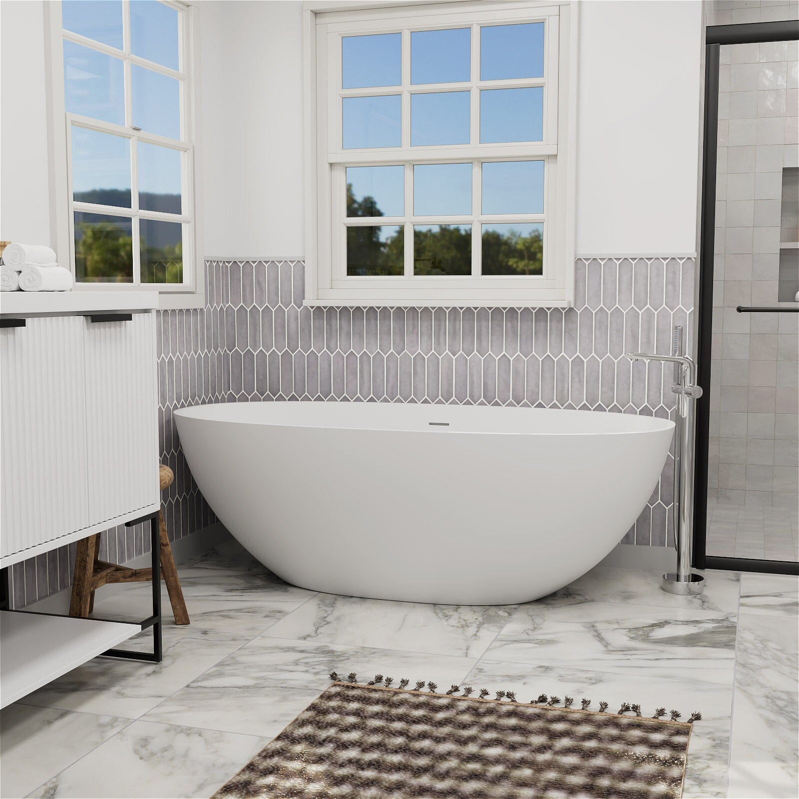 55" Solid Surface Stone Resin Oval-shaped Freestanding Soaking Bathtub with Overflow