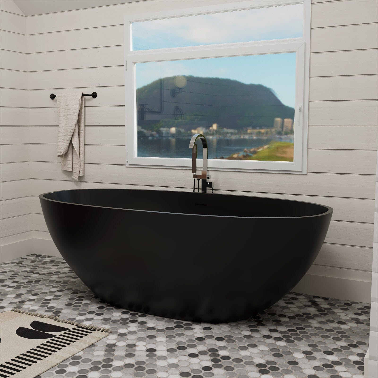 55" Solid Surface Stone Resin Oval-shaped Freestanding Soaking Bathtub with Overflow