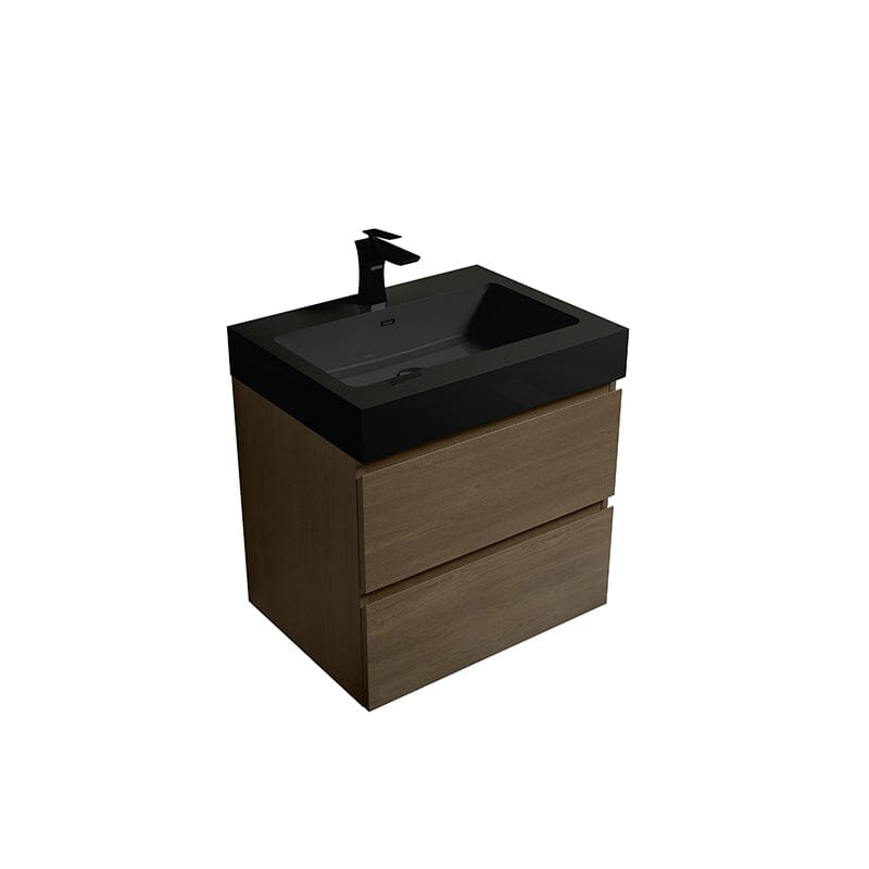Mueble de baño de roble oscuro de 24 pulgadas con lavabo, de una sola pieza, para montaje en pared.