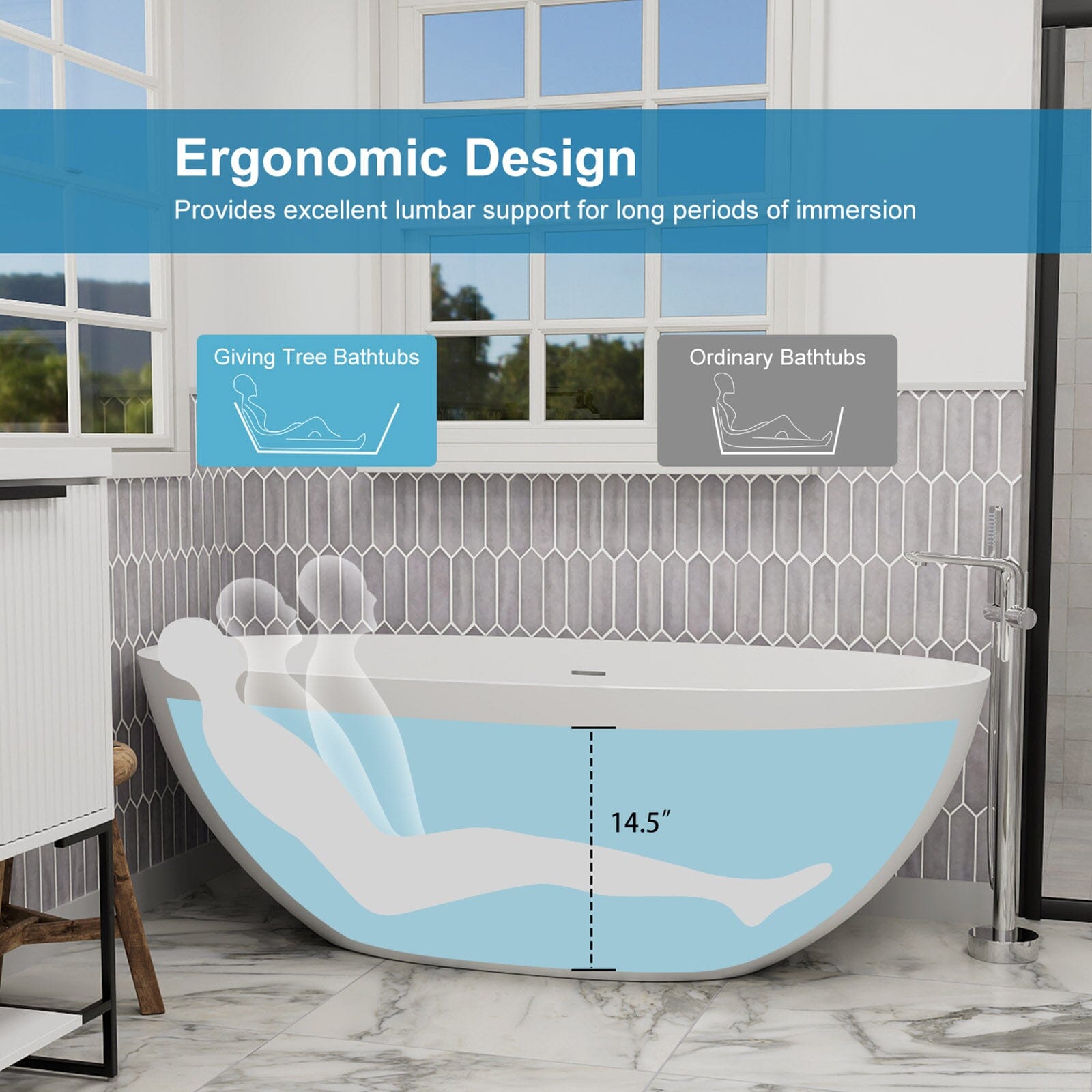 55" Solid Surface Stone Resin Oval-shaped Freestanding Soaking Bathtub with Overflow