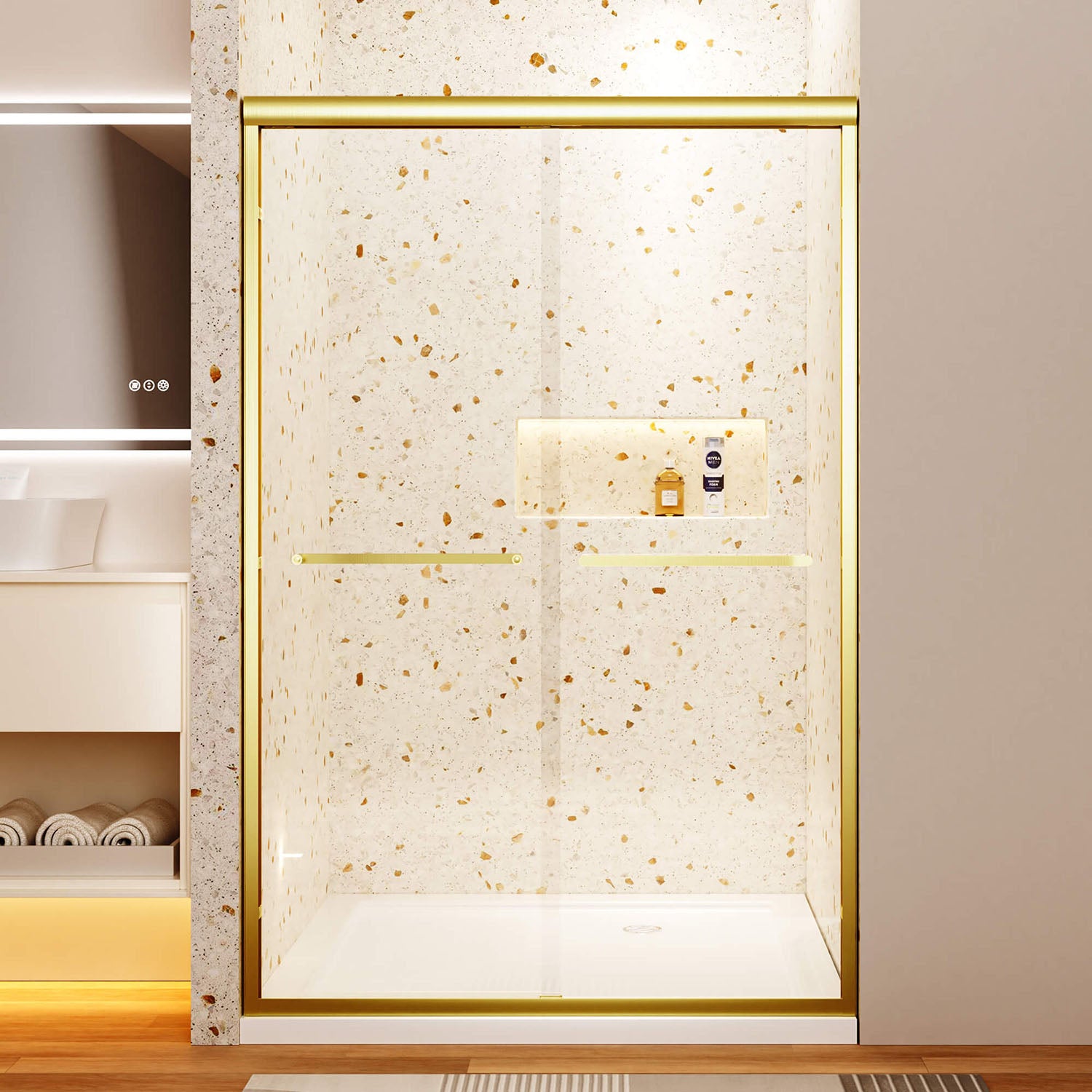 44"-48" x 72" Gebürstete goldgerahmte doppelte Schiebeduschtür