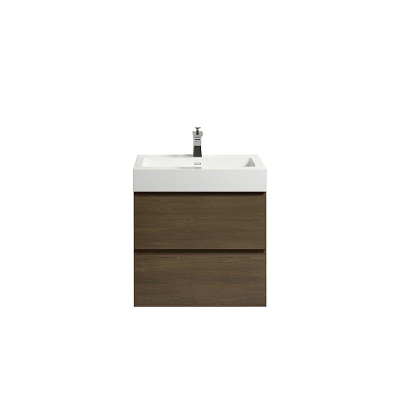 Mueble de baño de roble oscuro de 24 pulgadas con lavabo, de una sola pieza, para montaje en pared.