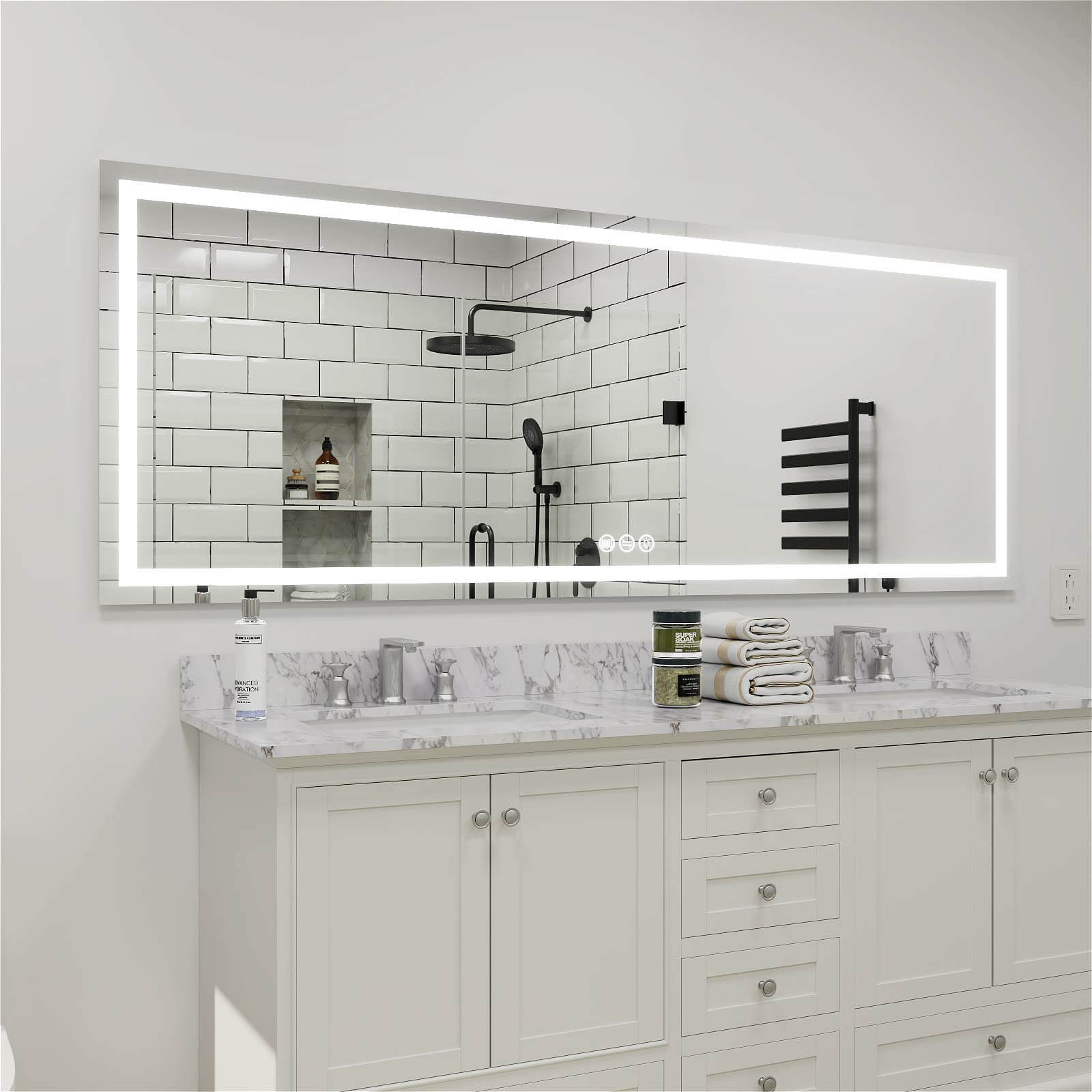96" x 36" Rectangular Frameless LED Lighted Wall Mount Bathroom Vanity Mirror with Memory Function