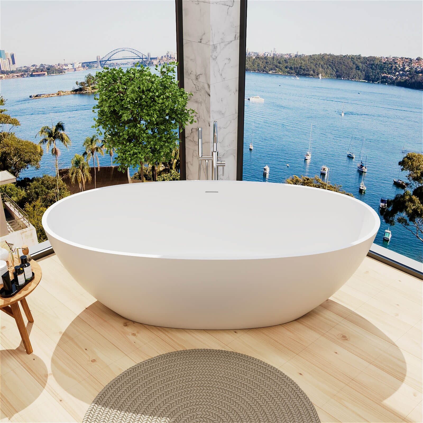 71" Solid Surface Stone Resin Oval-shaped Freestanding Soaking Bathtub with Overflow