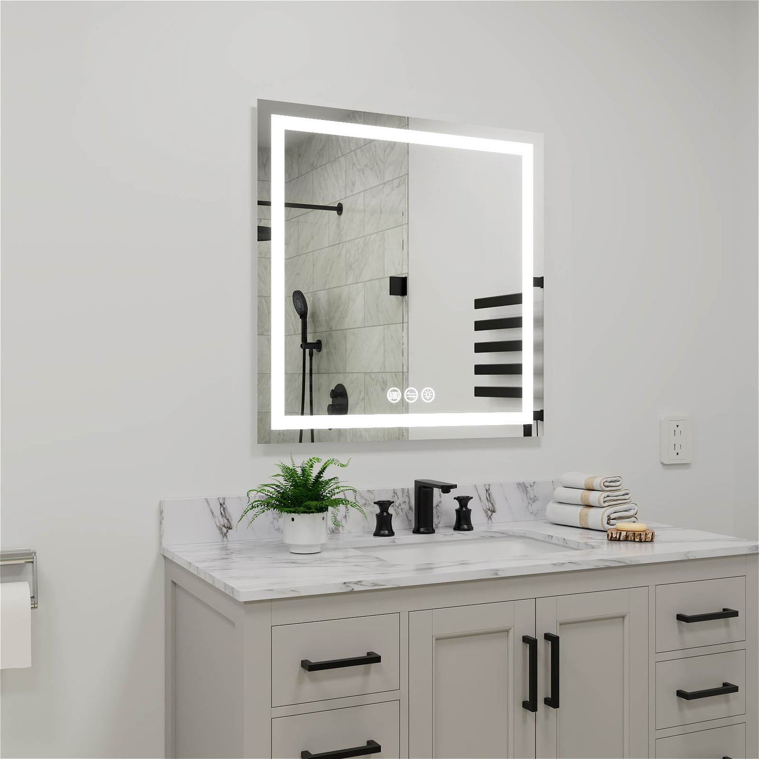 36" x 36" Square Frameless LED Lighted Wall Mount Bathroom Vanity Mirror with Memory Function