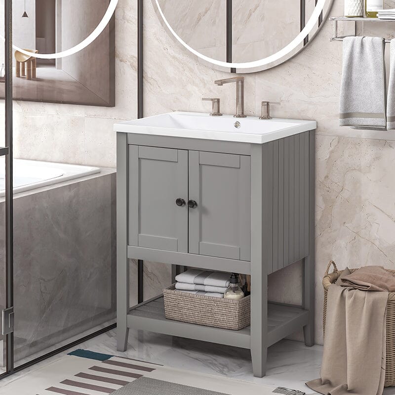 24" Modern Freestanding Bathroom Vanity with Open Style Shelf, Including Ceramic Sink