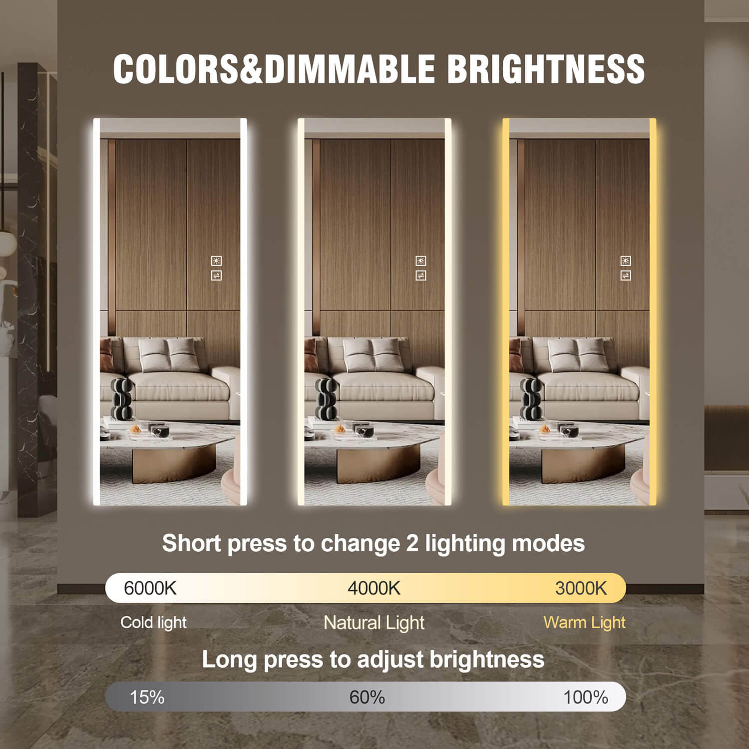 3 color temperature dimmable LED mirror with brightness control